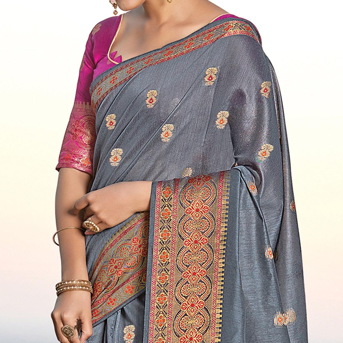 Peachmode Exclusive Grey Colored Festive Wear Woven Cotton Handloom Saree - view 2