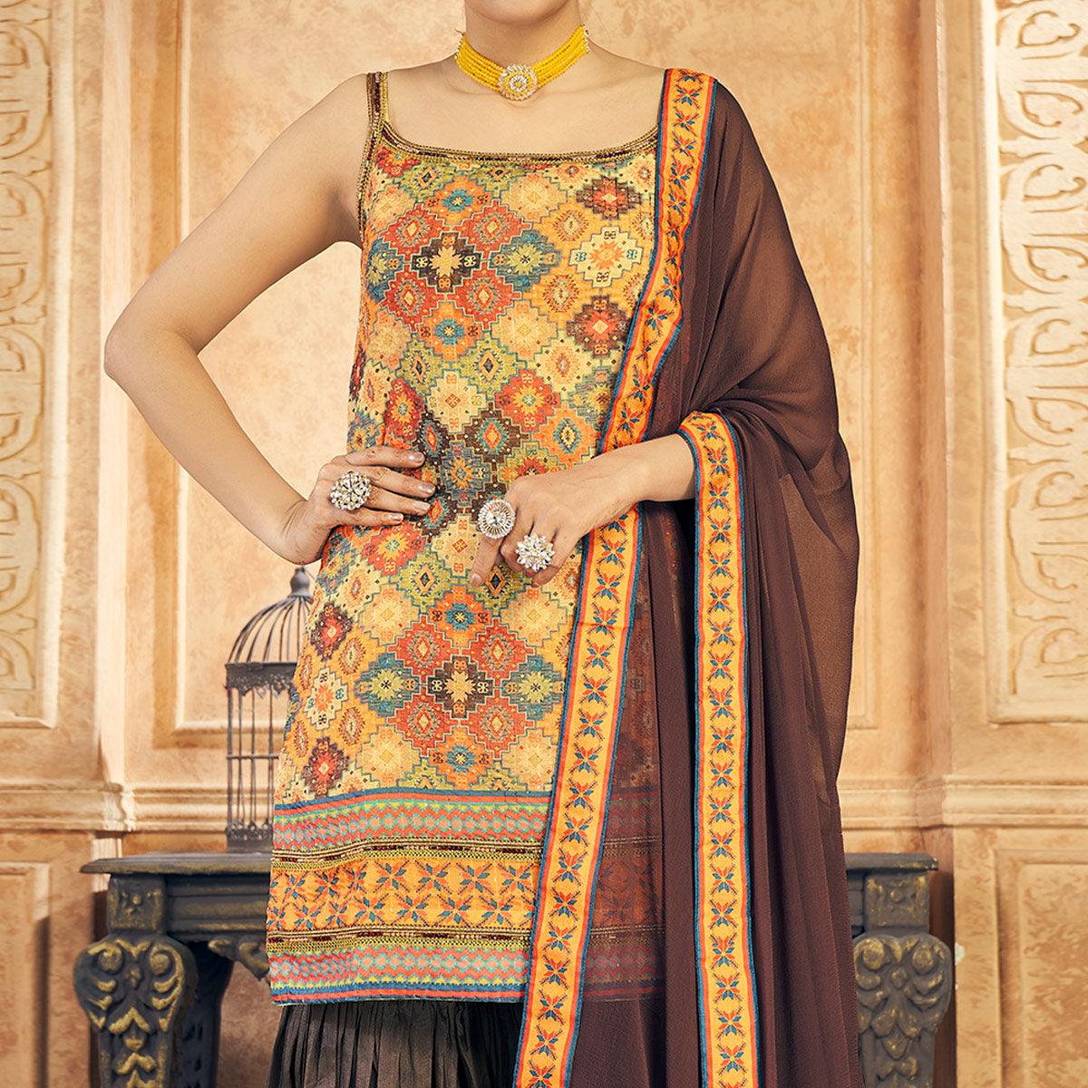 Peachmode Multicolor Embroidered Chiffon Sharara Suit - view 3