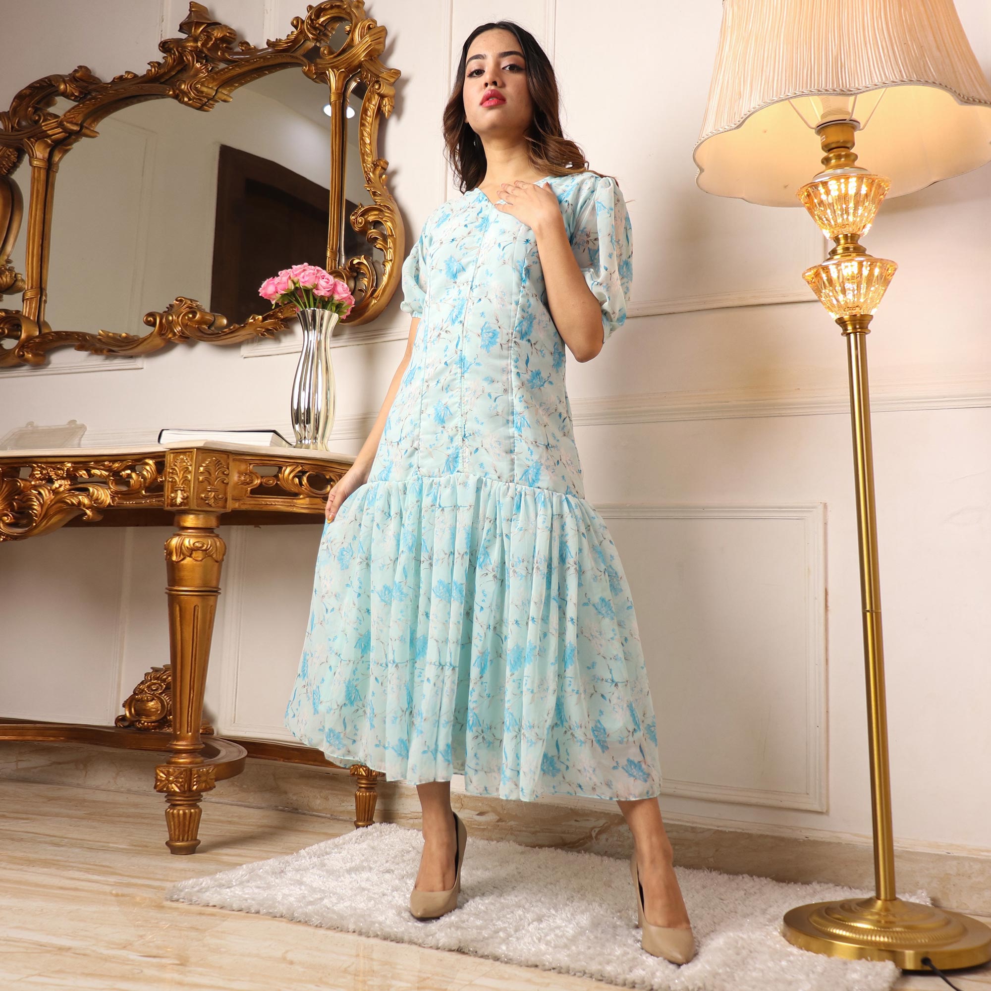 Peachmode Seller Light Blue Floral Printed Georgette Dress - view 4