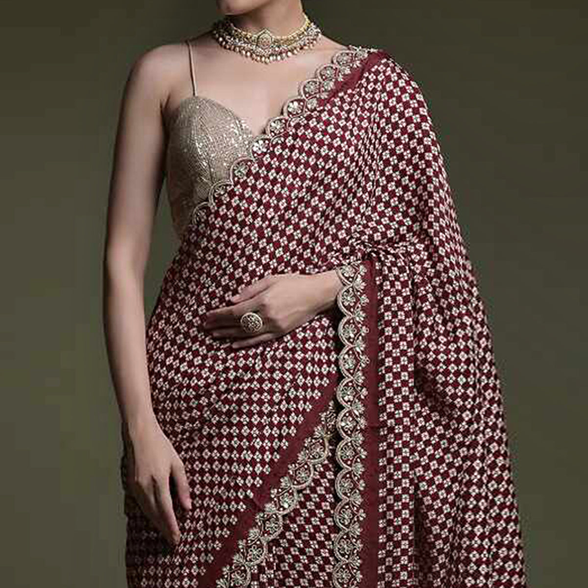 Peachmode Maroon Printed With Embroidered Border Chinon Saree - view 3