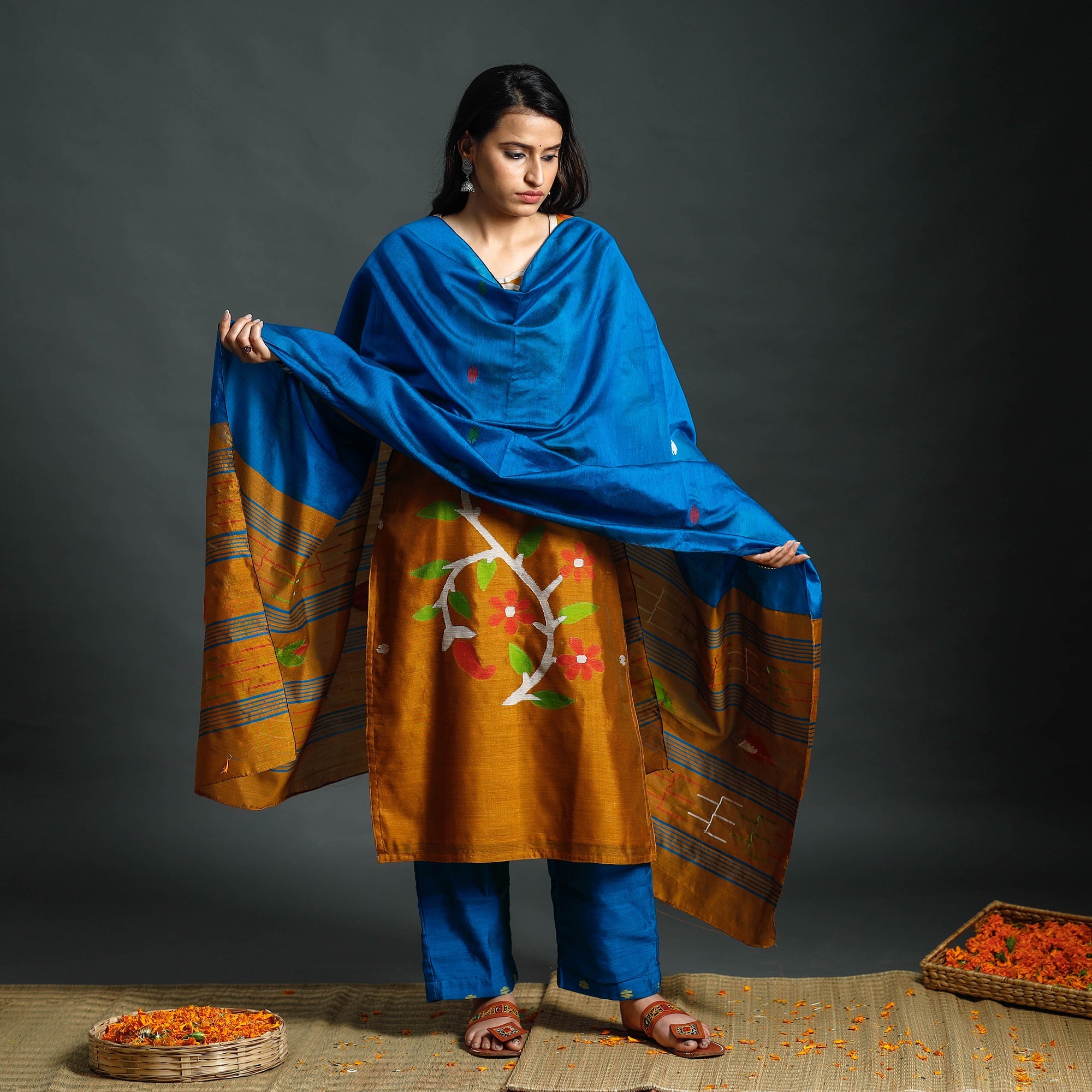 ITOKRI CASUALS Mustard & Blue - Phulia Jamdani Handloom Silk Cotton Kurta with Palazzo & Dupatta Set