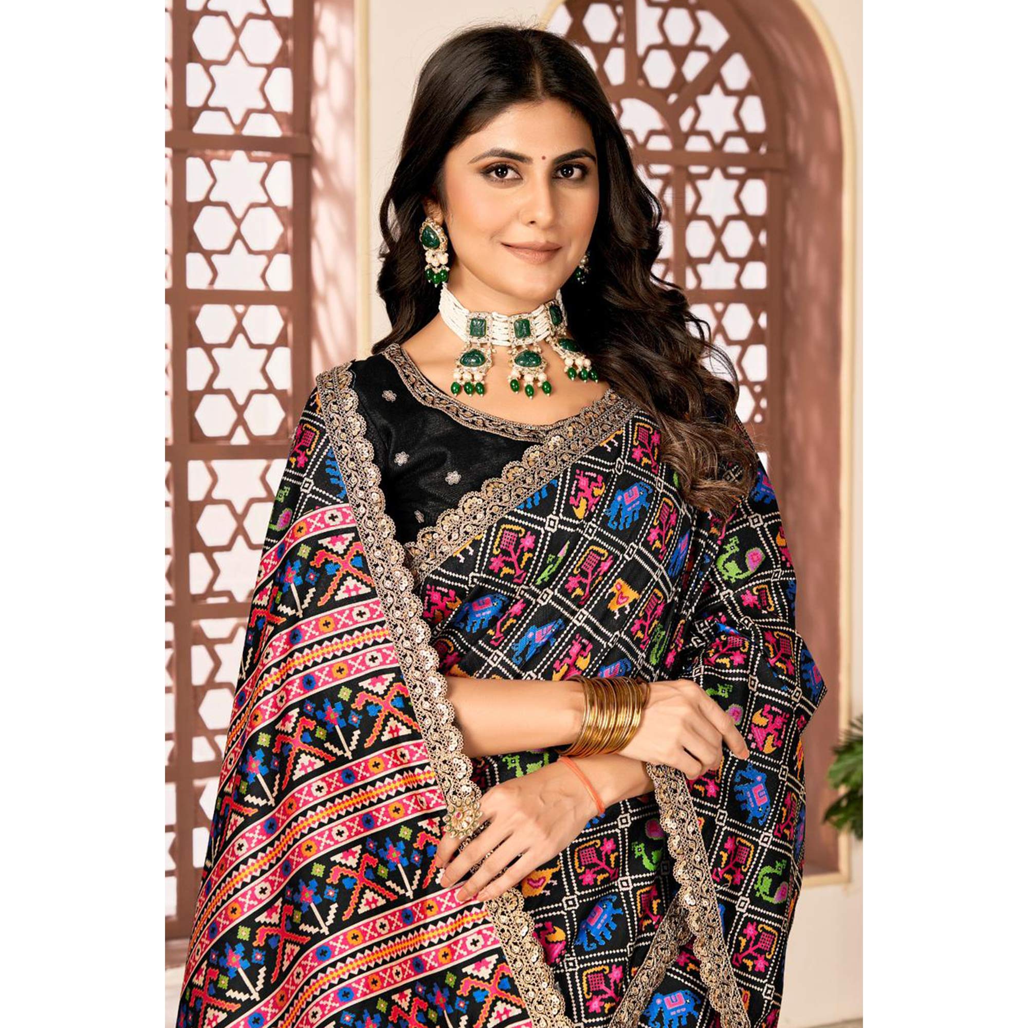Peachmode Black Printed Patola Tussar Silk Saree - view 5