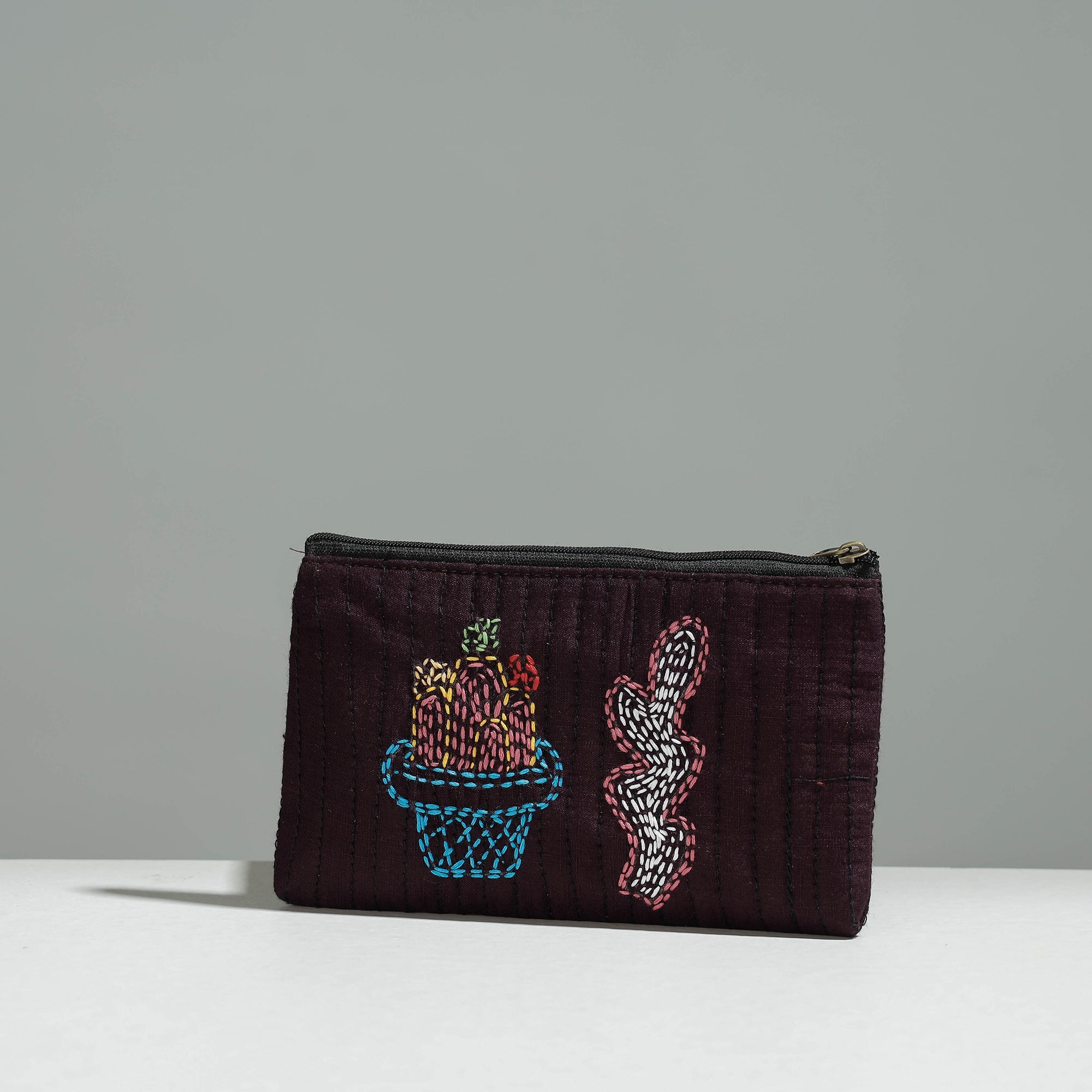 RANGILA DHAGA Brown - Gamcha Fabric Hand Embroidered Jewelry Pouch - view 2