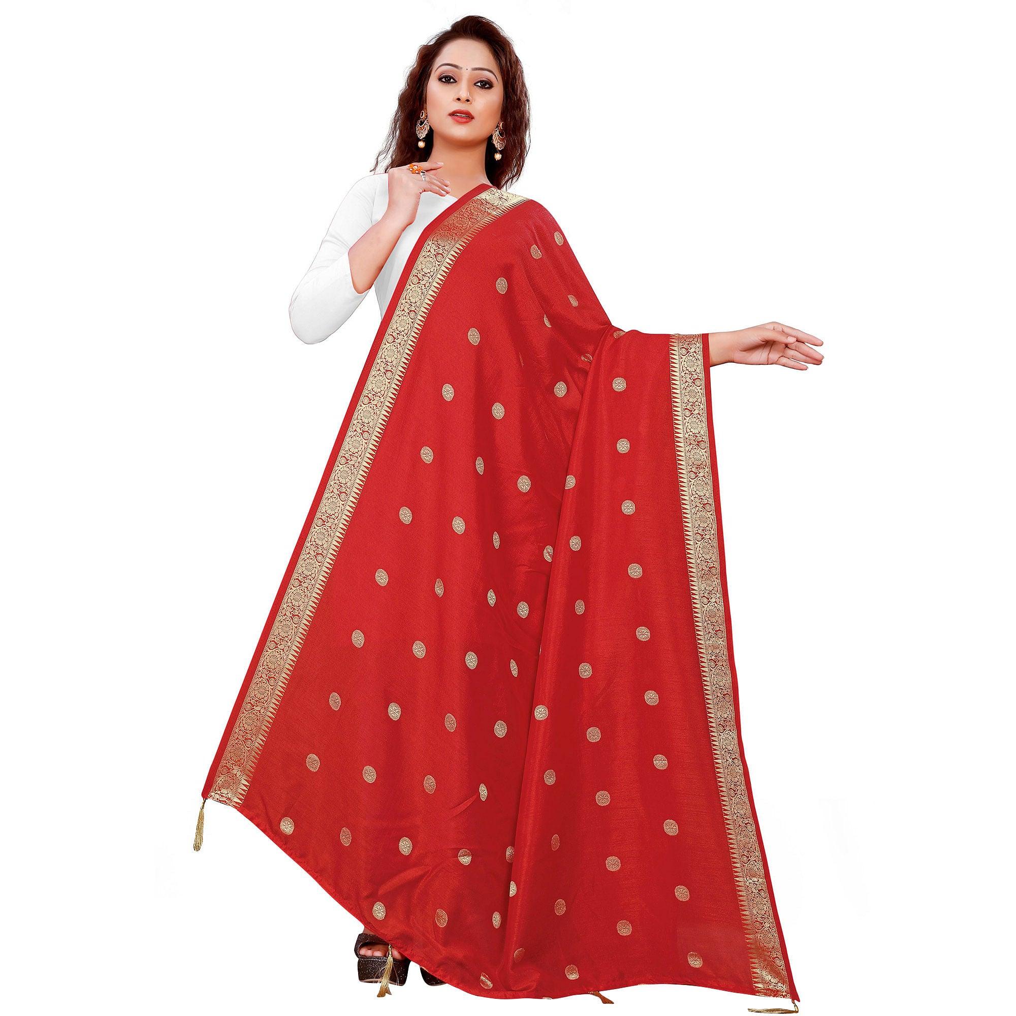 Peachmode Seller Charming Red Colored Festive Wear Woven Art Silk-Viscose Dupatta With Tassels