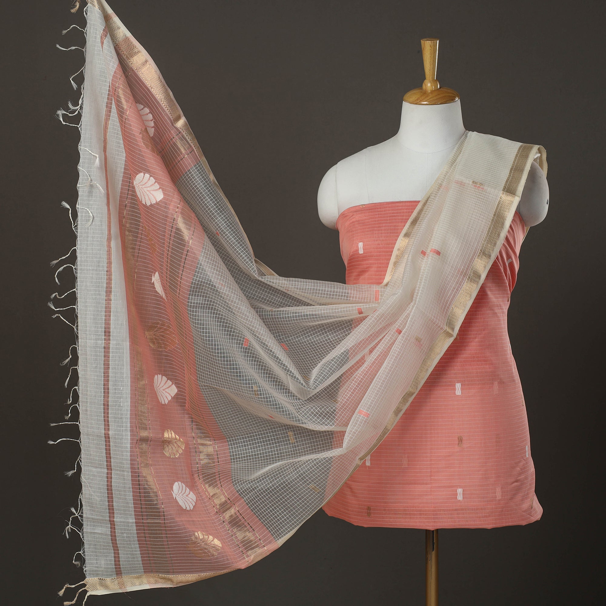CHANDERI BY RAUPH KHAN Peach - 3pc Zari Buti Handloom Chanderi Silk Dress Material 01