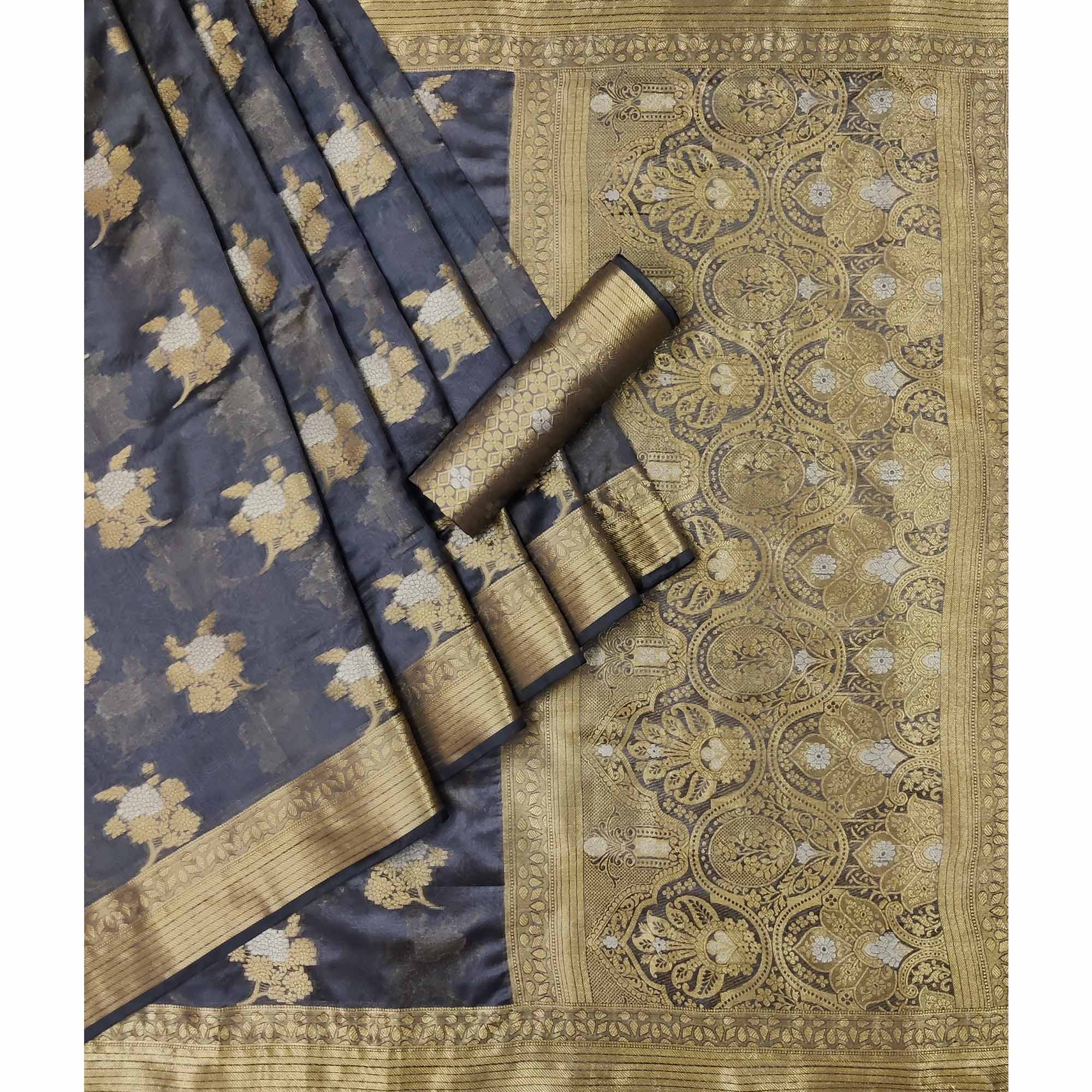 Peachmode Grey Woven Organza Saree – Women's - view 3