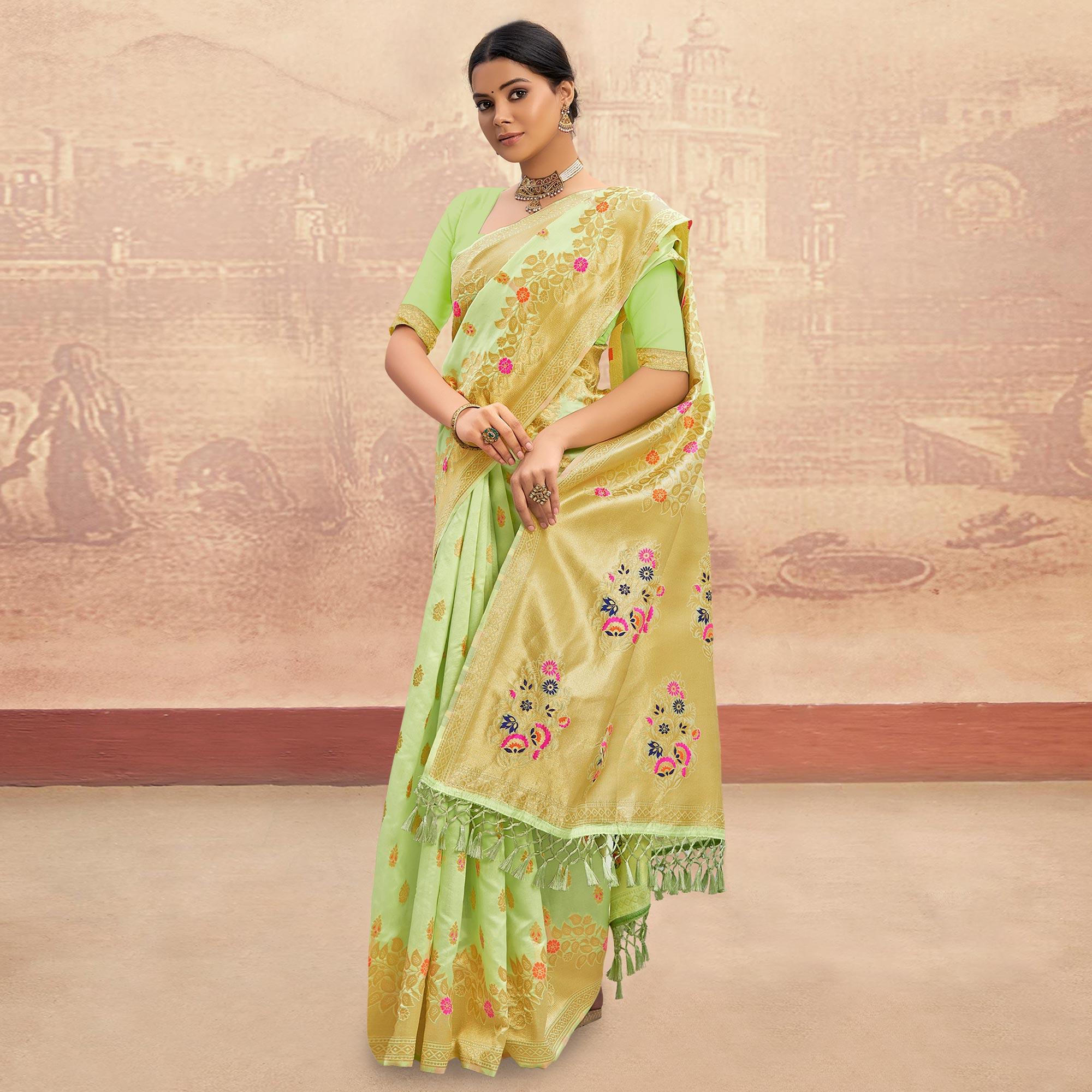 Peachmode Mint Green Partywear Woven Silk Saree