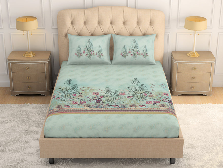 Spaces India Floral Clearly Aqua - Light Aqua 100% Cotton King Size Bedsheet - Romantica By Spaces