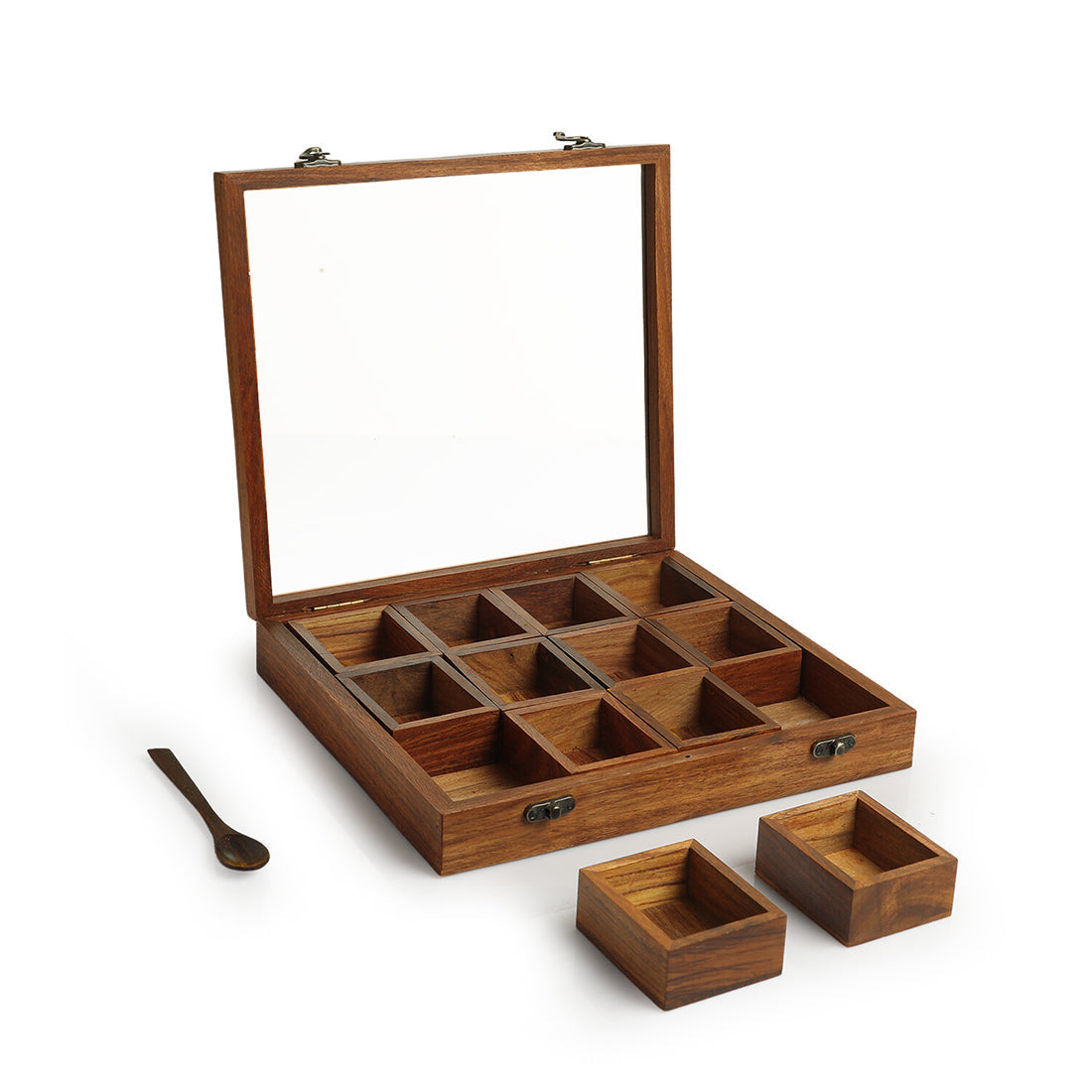 EXCLUSIVELANE 'Medley of Masalas' Handcrafted Spice Box With Spoon In Sheesham Wood (12 Containers, 80 ml) - view 3