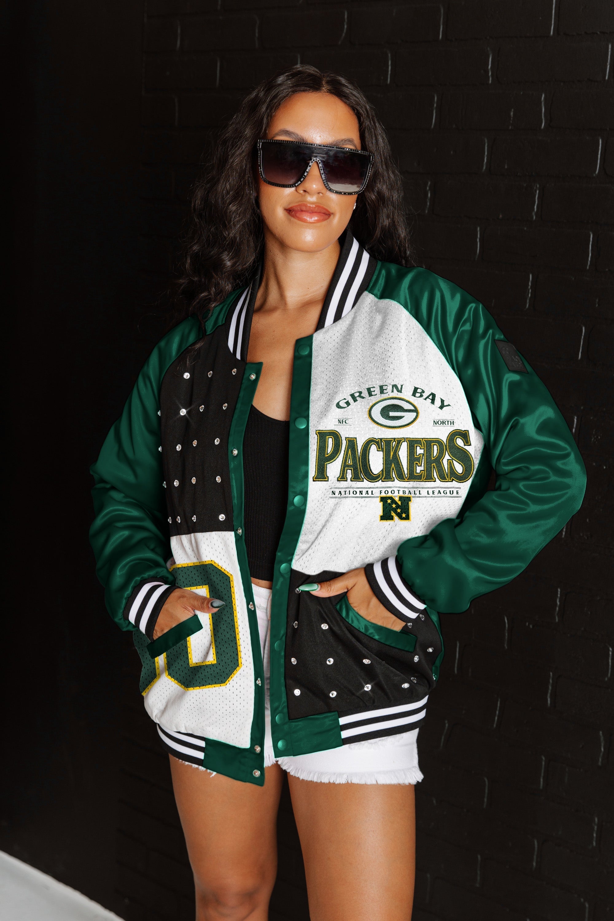 GC X NFL Green Bay Packers Hot Shot Mixed Media Throwback Varsity Bomber Jacket With Rhinestone Inserts - view 3