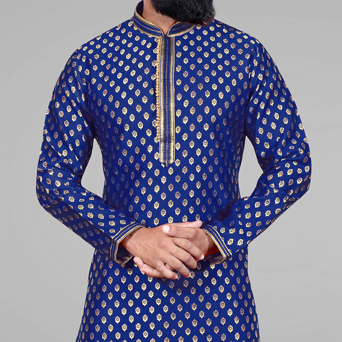 Peachmode Seller Blue Woven Jacquard Kurta Pyjama Set - view 2