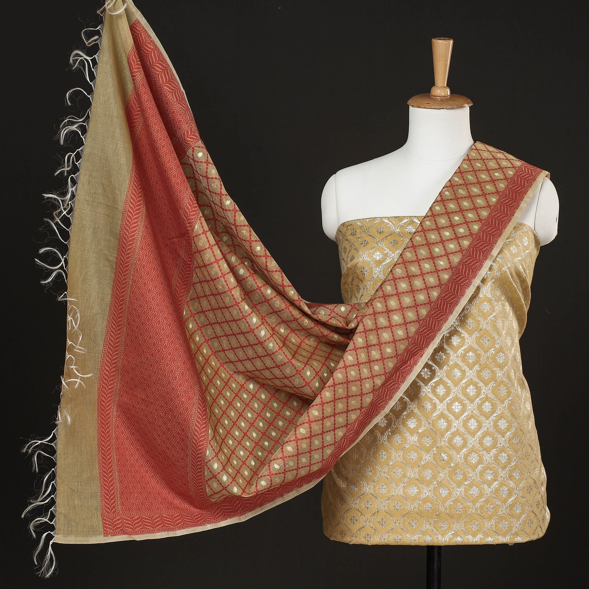 NOORI BAZAR Beige - 2pc Zari Buti Silk Cotton Handloom Banarasi Dress Material