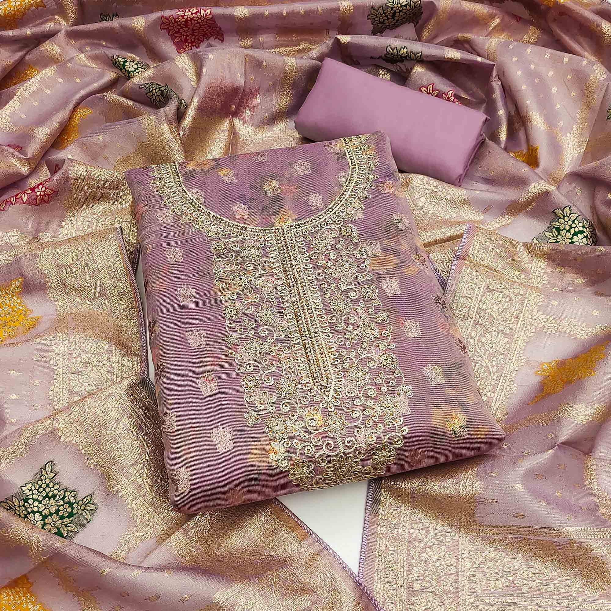 Peachmode Mauve Floral Print With Zari Woven Cotton Silk Dress Material