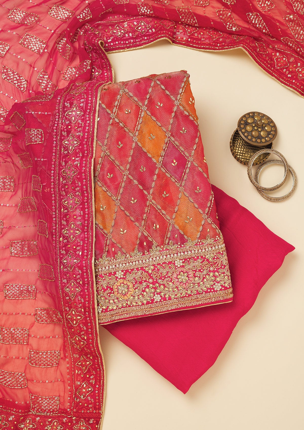 Koskii Red Stonework Semi Crepe Unstitched Salwar Suit