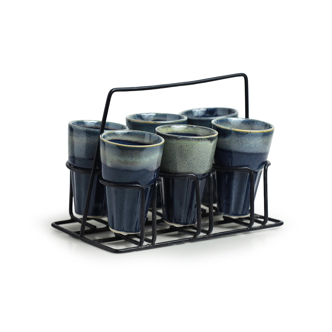 EXCLUSIVELANE 'Buzzing Blues' Tea Chai Glasses In Stoneware With Iron Holder (Set of 6) - view 2