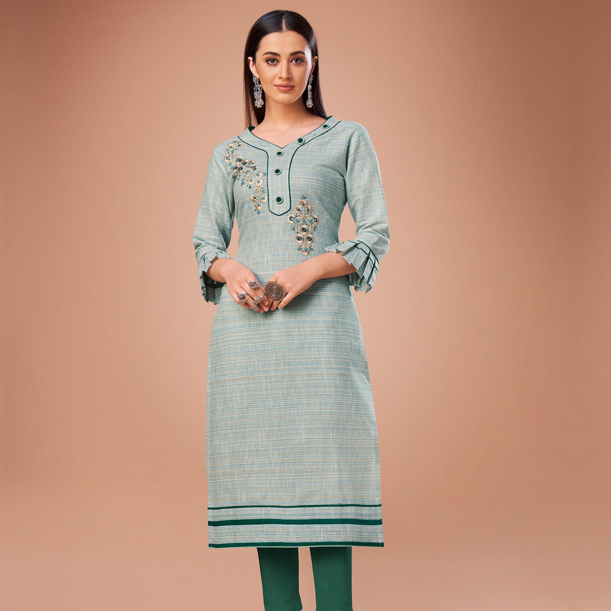 Peachmode Seller Flattering Light Blue Colored Partywear Embroidered Cotton Kurti