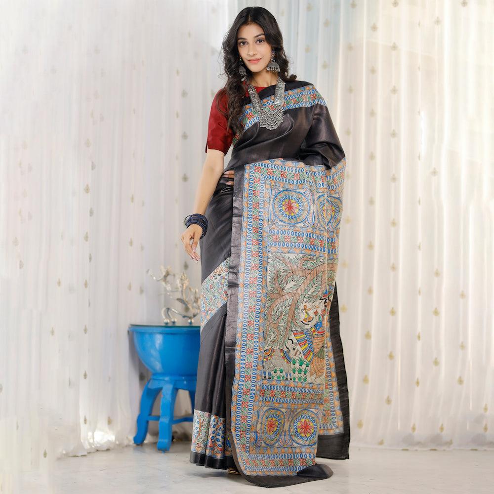 DIORAMA DESIGNS Black - Madhubani Hand-Painted Radha Krishna Tussar Silk Saree - view 2