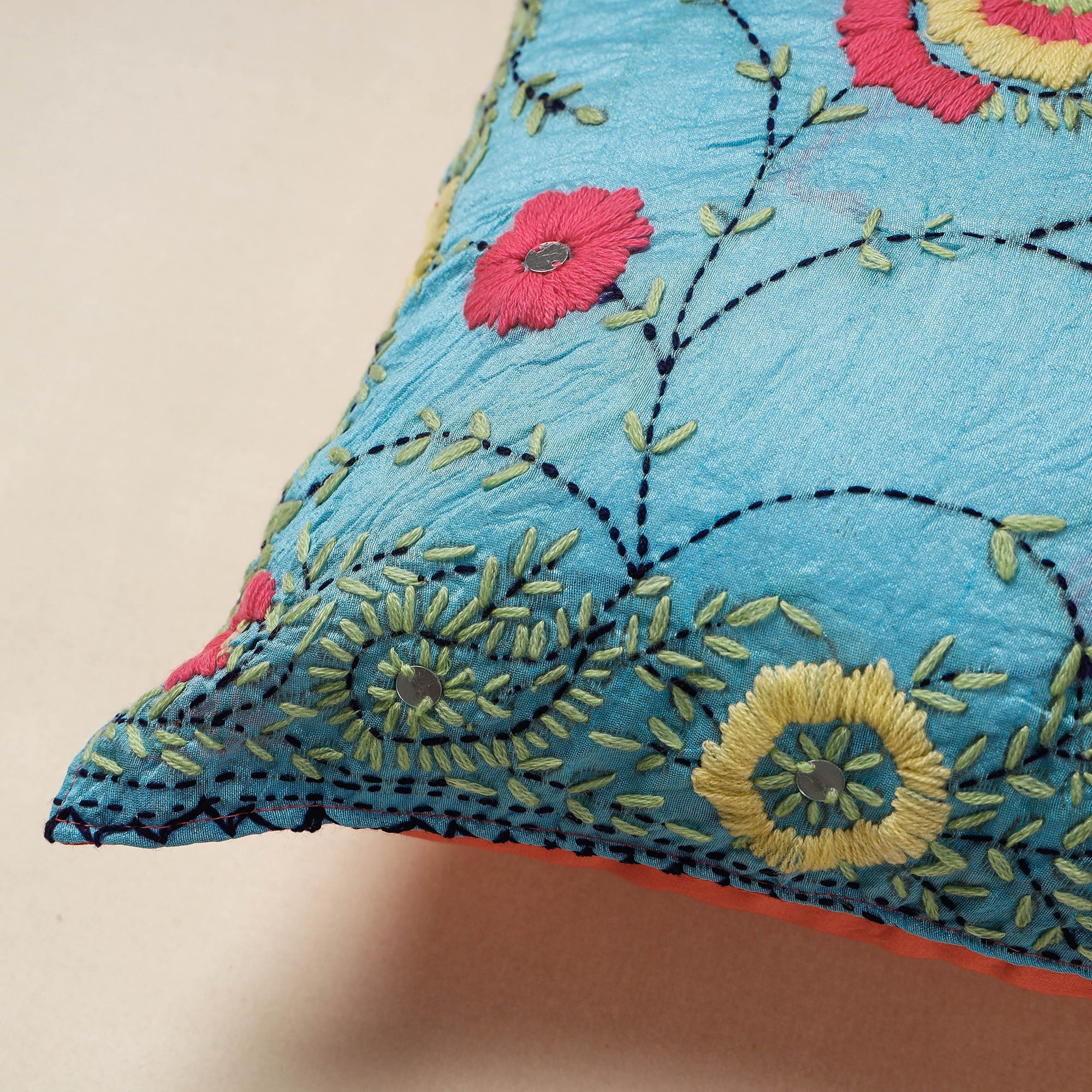 ITOKRI CRAFTS INITIATIVE Blue - Chanderi Silk Phulkari Hand Embroidered Cushion Cover - view 2