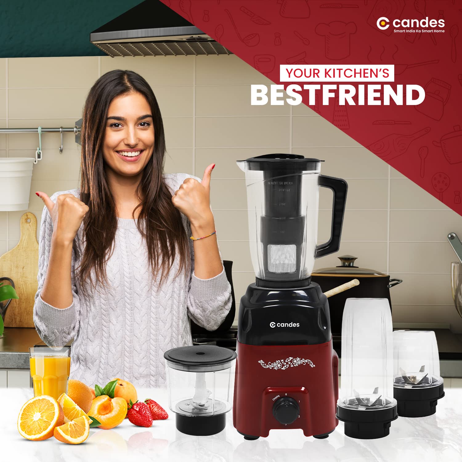 Candes Pearl 600 W Mixer Grinder 4 Jars - Black, Red (1 Year Warranty + 2 Years on Motor Only) - view 2