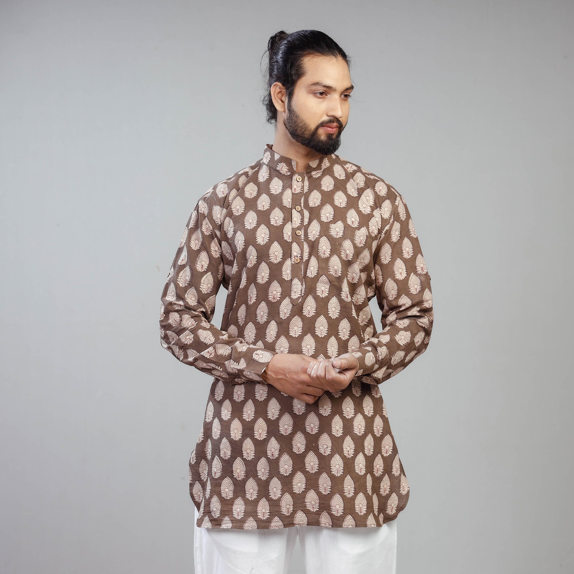 ITOKRI CASUALS Brown - Akola Block Printed Cotton Men Short Kurta