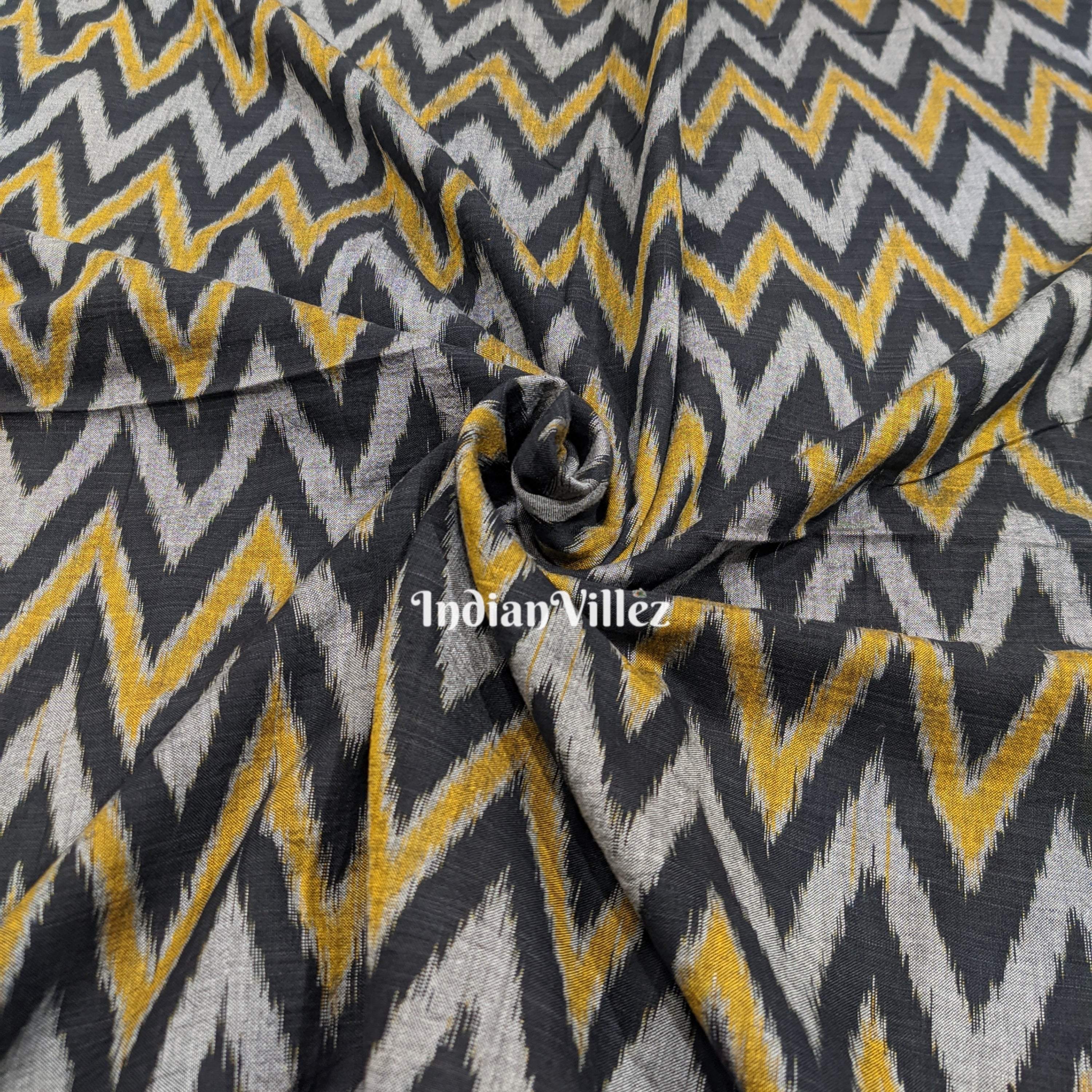 IndianVillèz Black with Yellow Waves Motif Cotton Ikat Handloom Fabric