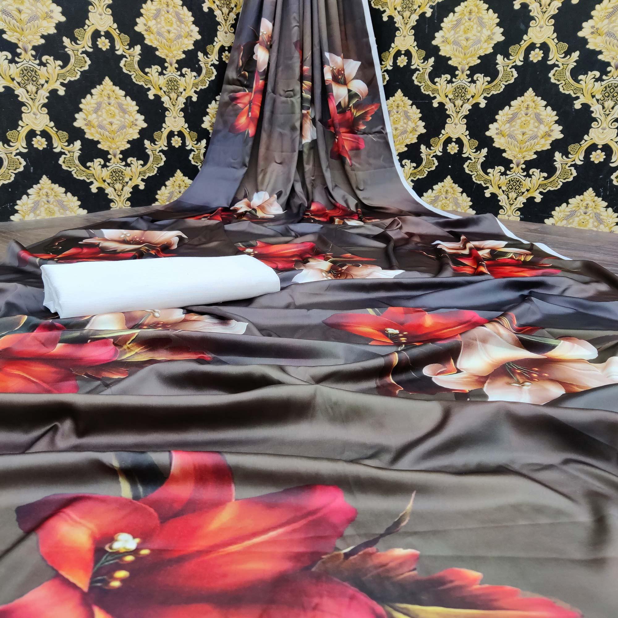 Peachmode Engrossing Grey Colored Casual Wear Digital Printed Satin Saree