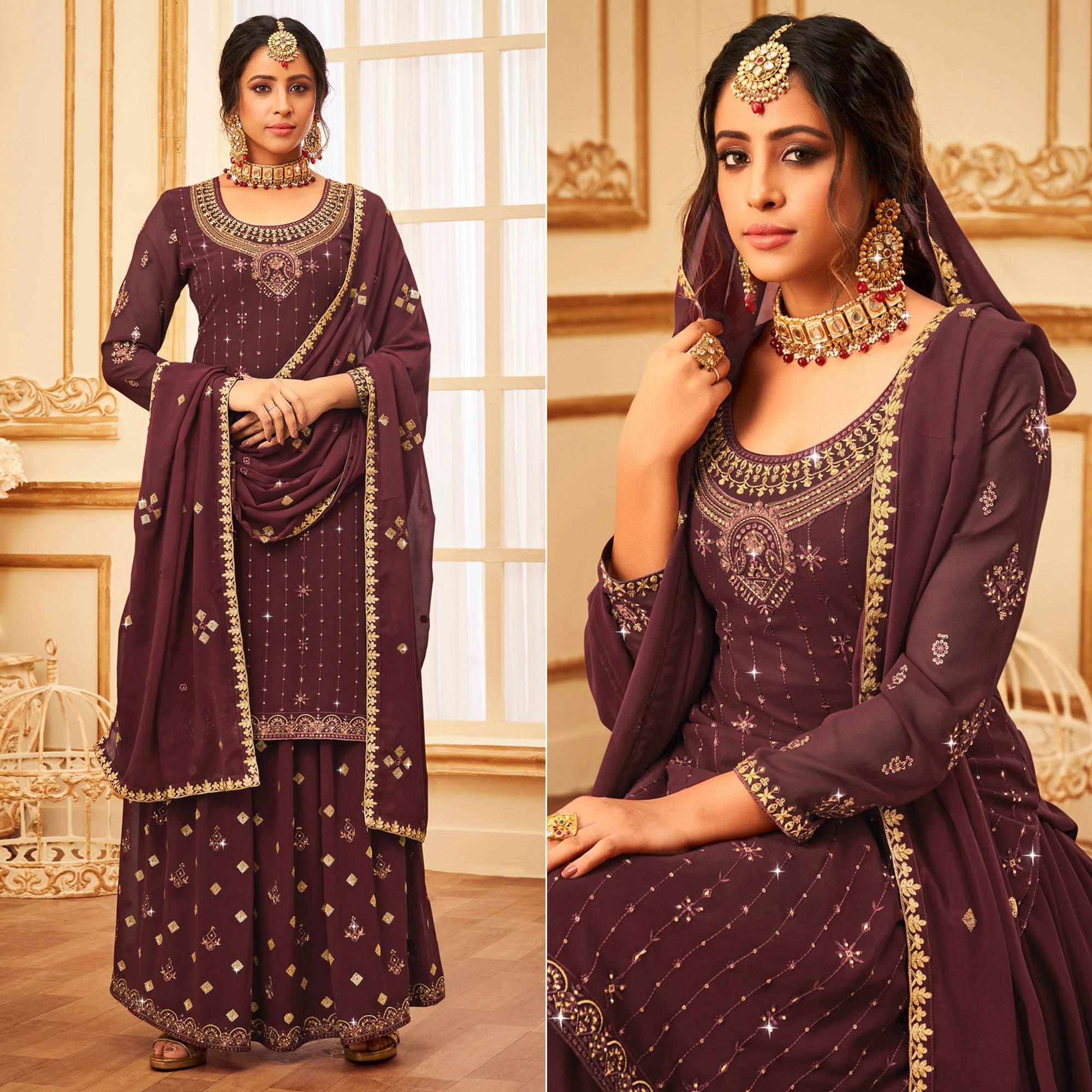 Maroon embroidered embellished – Peachmode Maroon Embroidered With Embellished Georgette Palazzo Suit
