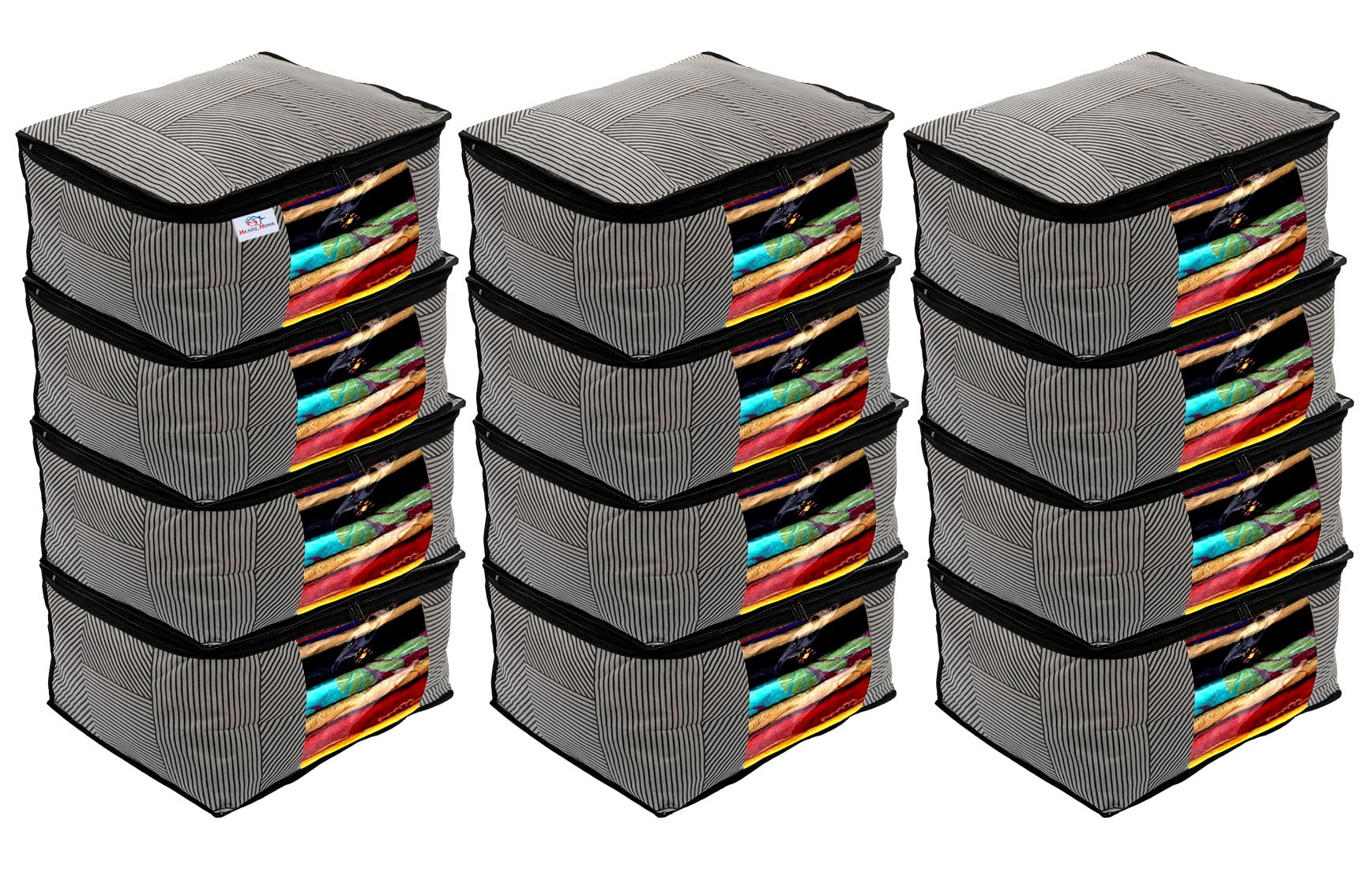 Heart Home Non-Woven Lining Print Saree Organizer|Wardrobe Organizers With Transparent Window, Zipper, Set of 12 (Gray)