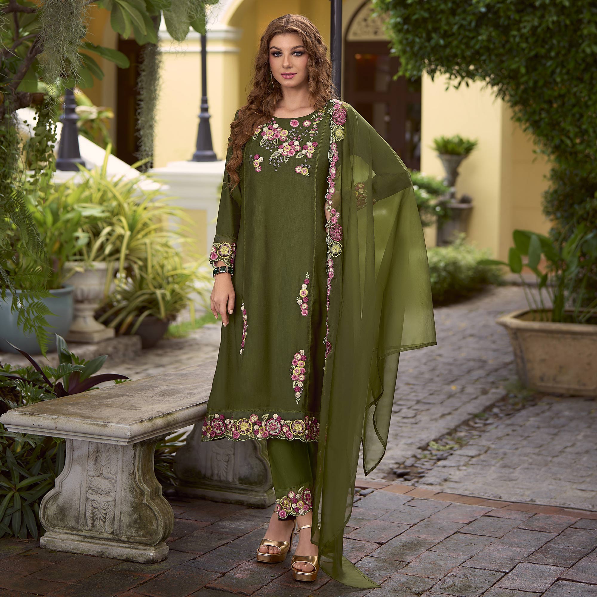 BlackTree green-floral-handwork-embroidered-viscose-salwar-suit - view 2