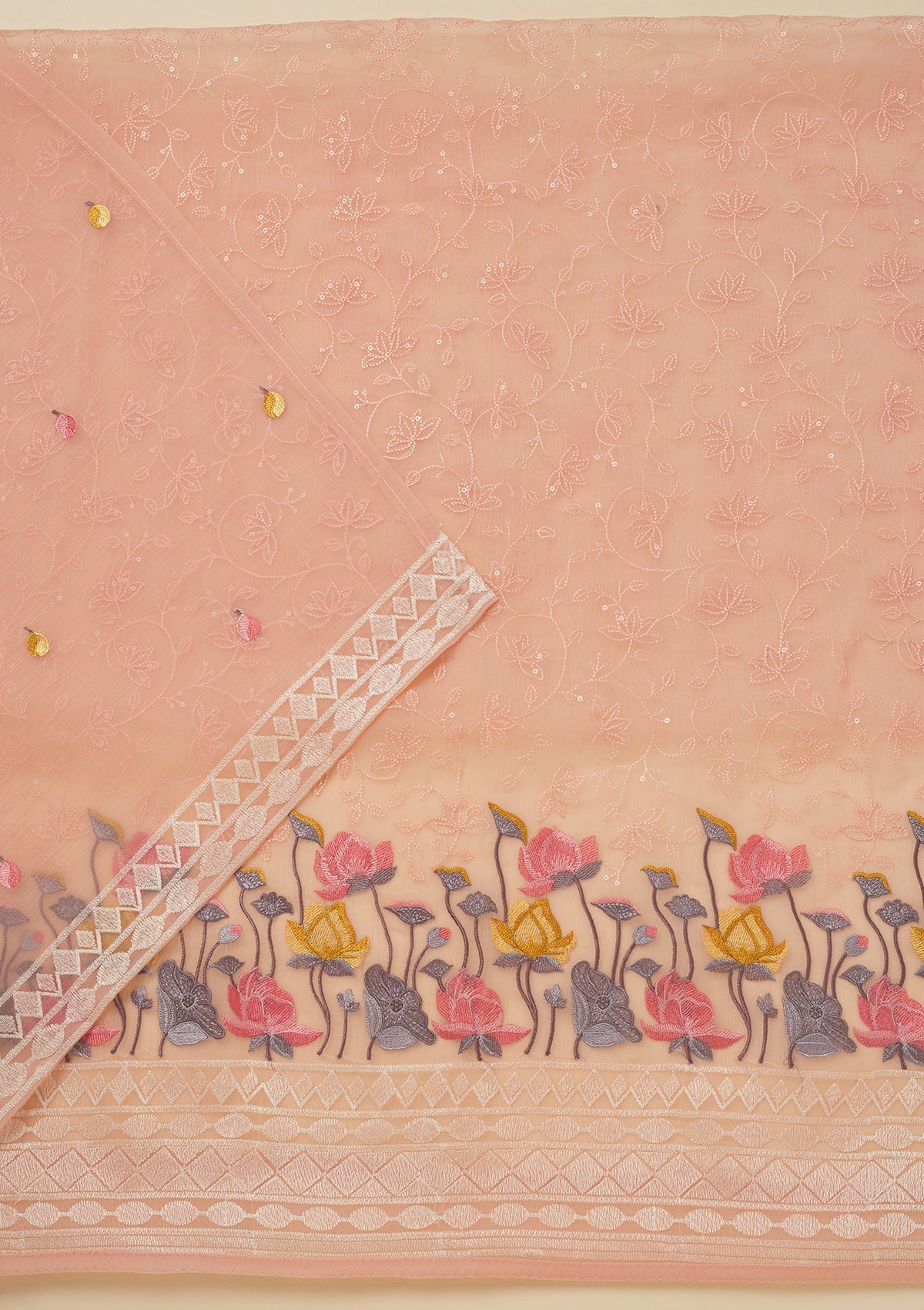 Koskii Peach Threadwork Organza Unstitched Salwar Suit - view 3