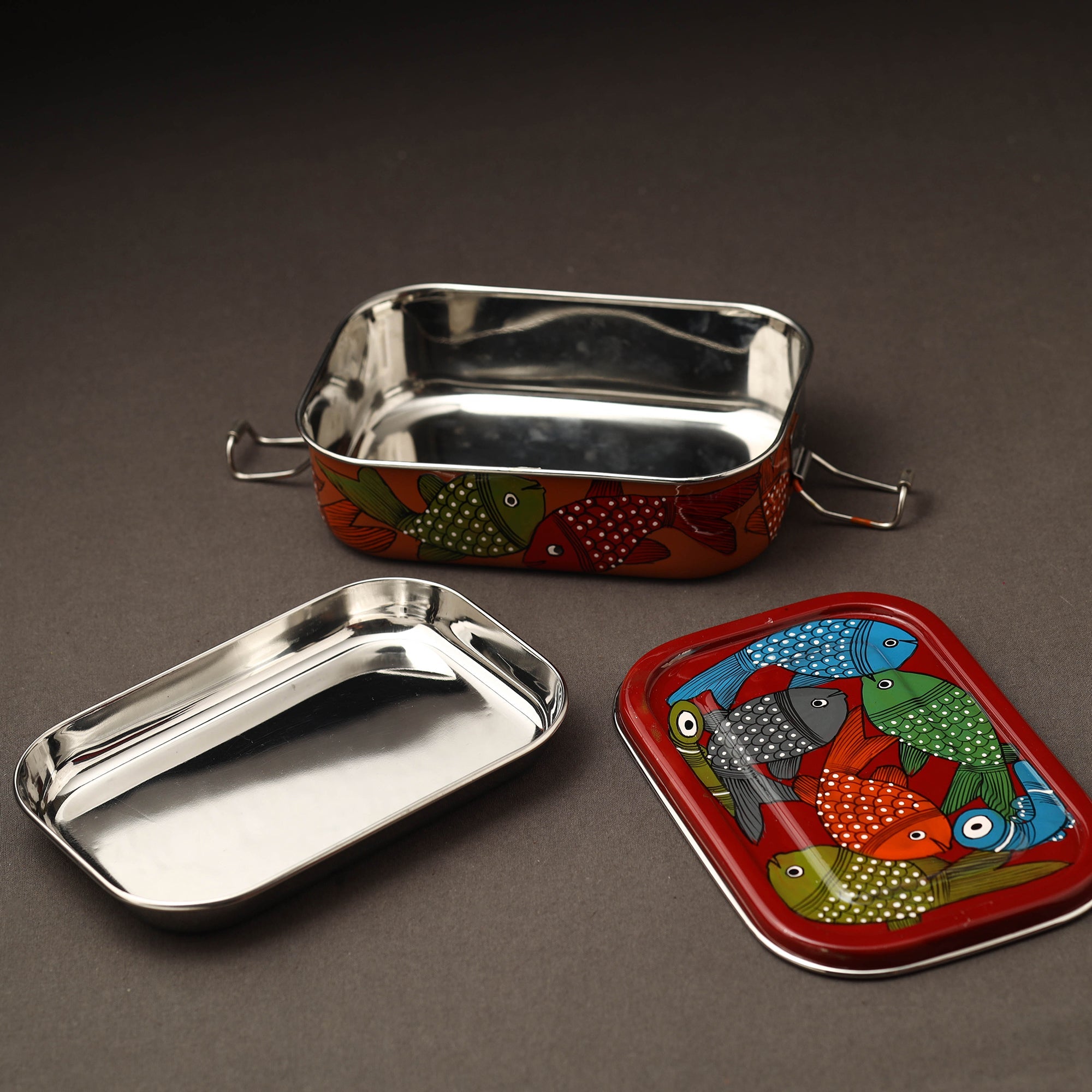 AAYAAS Bengal Patua Handpainted Stainless Steel Rectangle Lunch Box (6 x 4 in) - view 2