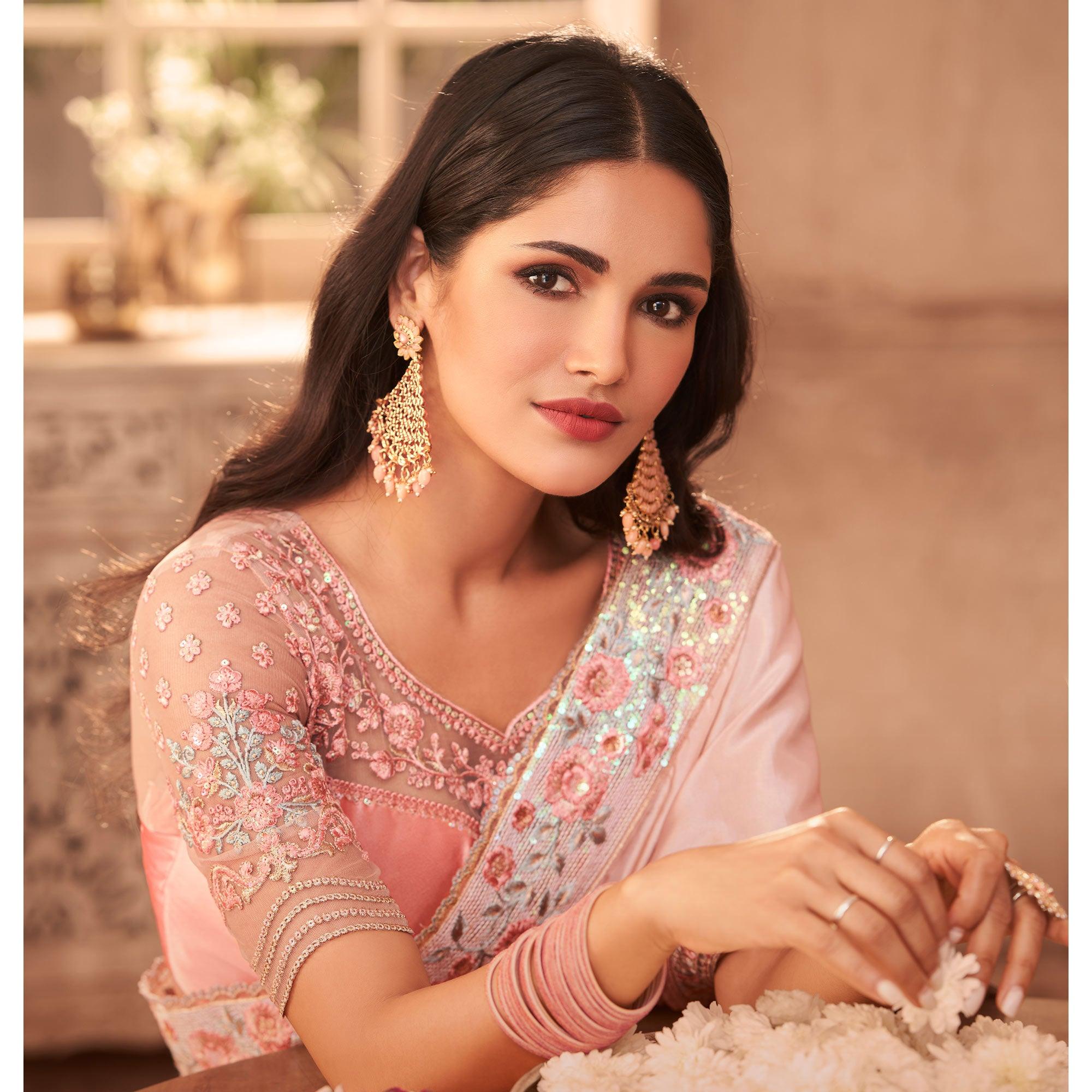 Peachmode Light Pink Partywear Embroidered Silk Saree - view 3