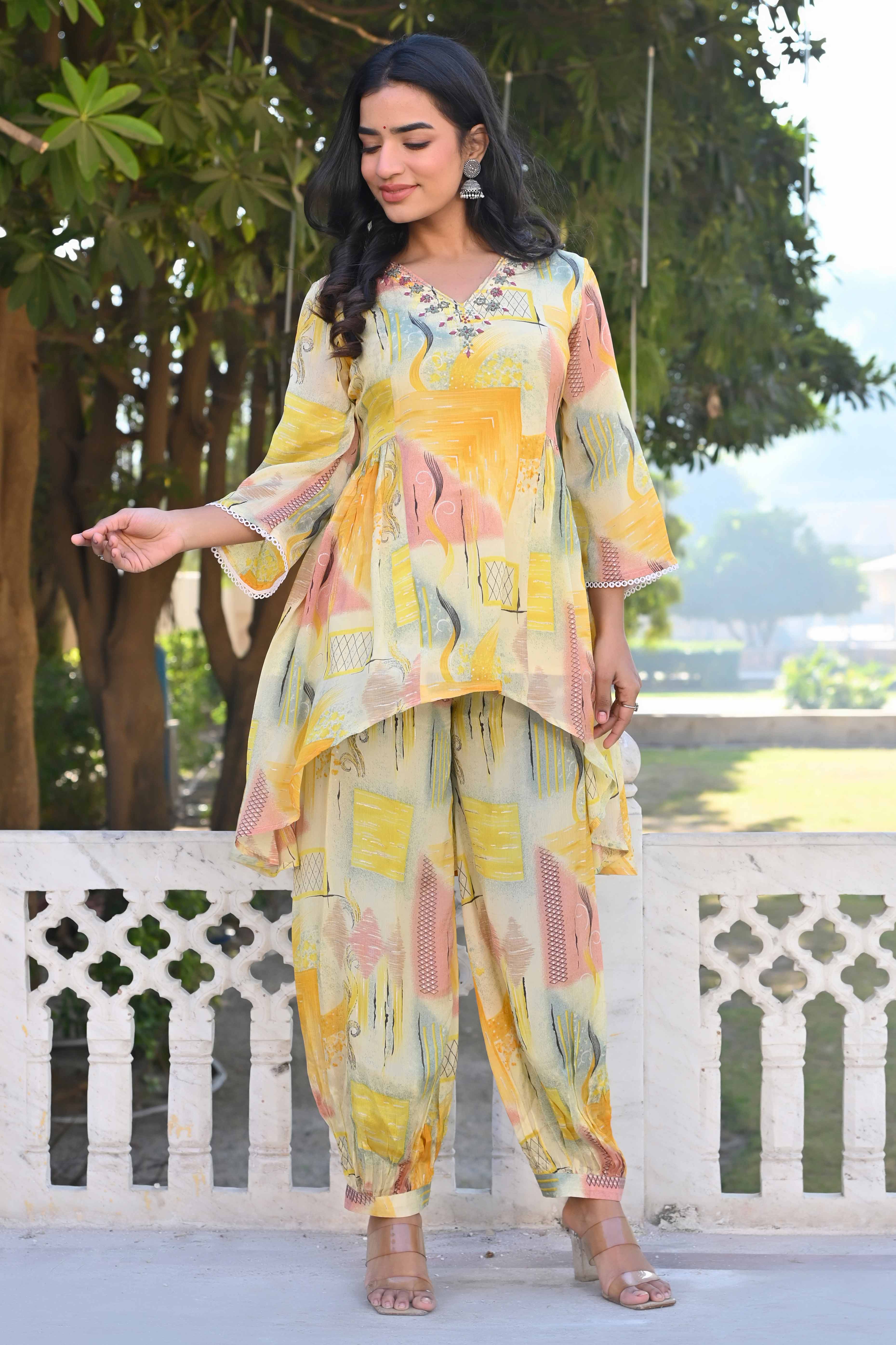 Peachmode Cream & Yellow Printed With Embroidered Pure Chinon A-Line Co-Ord Set - view 4