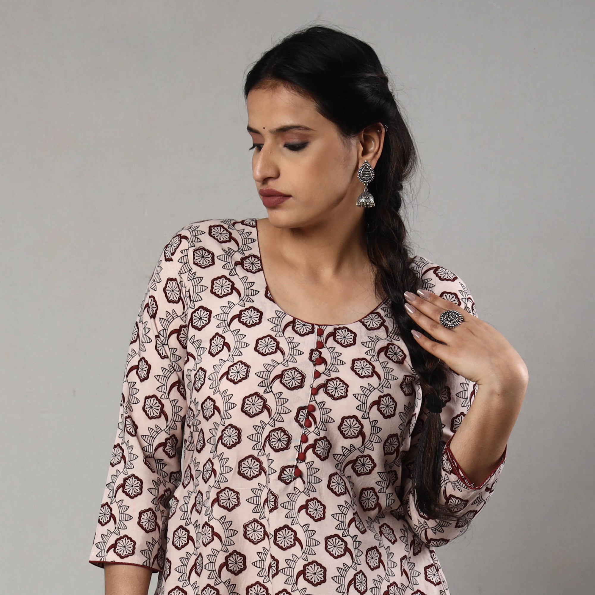 ITOKRI CASUALS Beige - White & Maroon Block Print Cotton A-Line Bagh Kurta