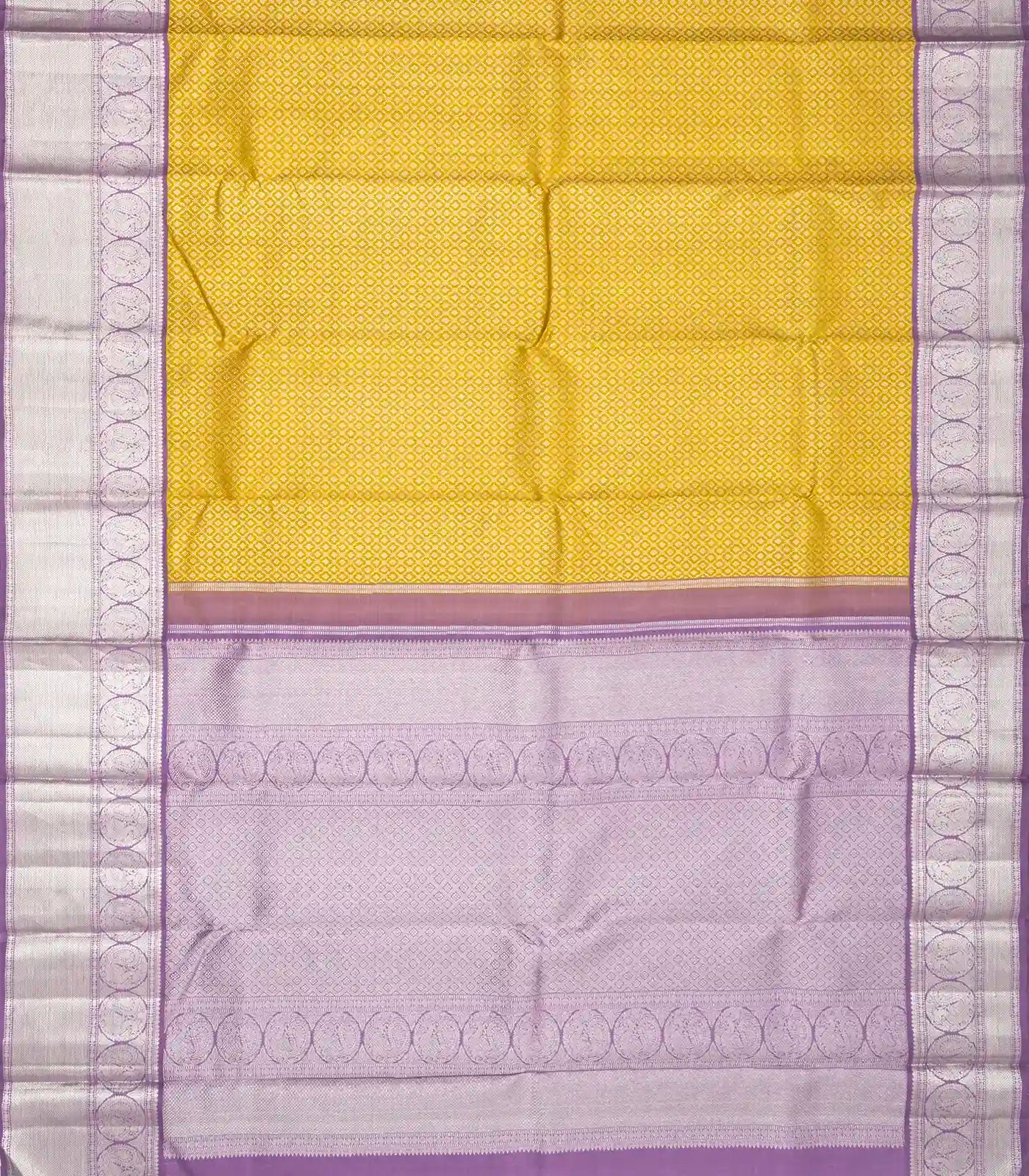 RmKV Yellow Handloom Kanchipuram Korvai Silk Saree With Floral Jaal Motifs - view 2