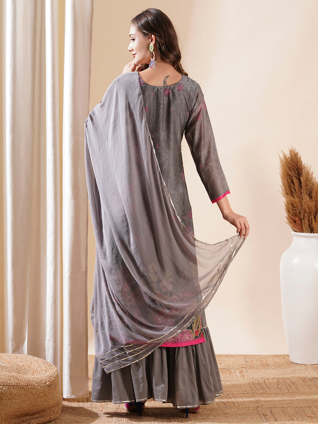 Fashor Ethnic Printed Cutdana & Sequins Embroidered Kurta with Sharara & Dupatta - Grey - view 6