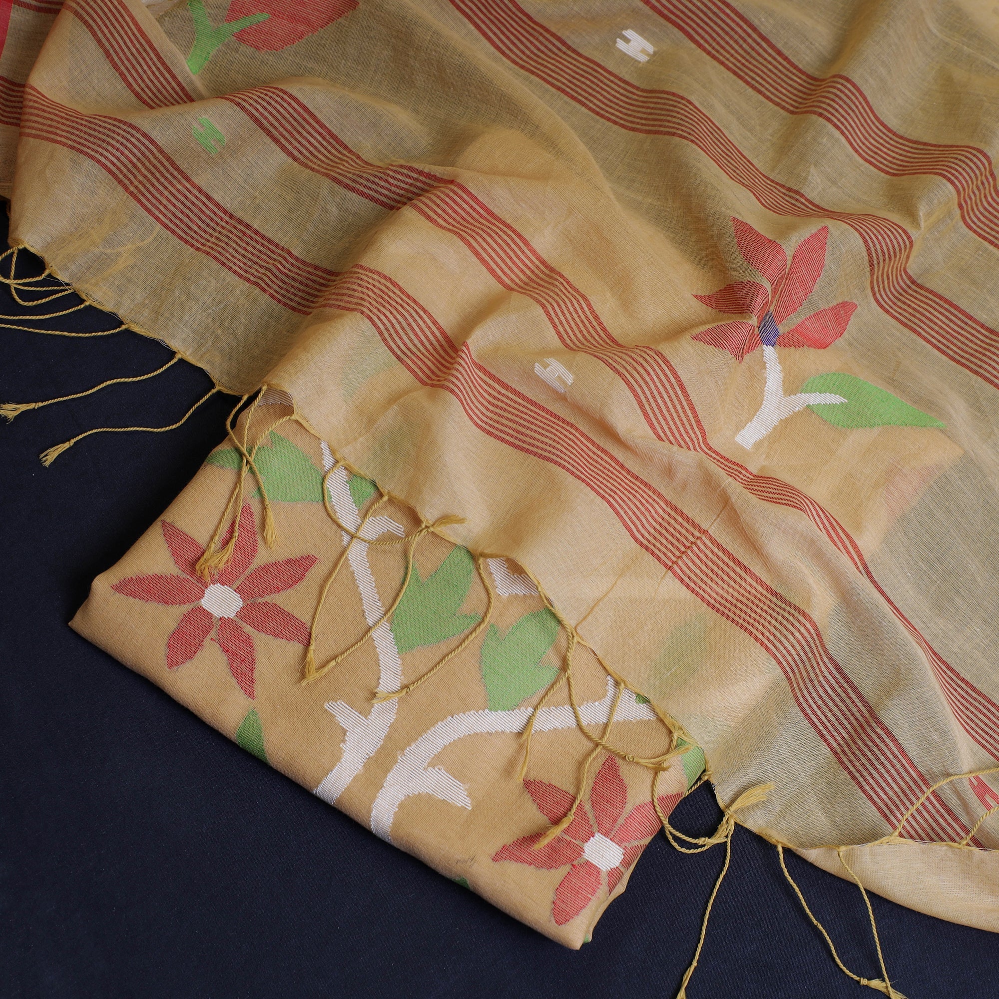 KHUSHBASH - HAPPY LOOM OF EAST Beige - 2pc Phulia Jamdani Weave Handloom Cotton Suit Material Set - view 2