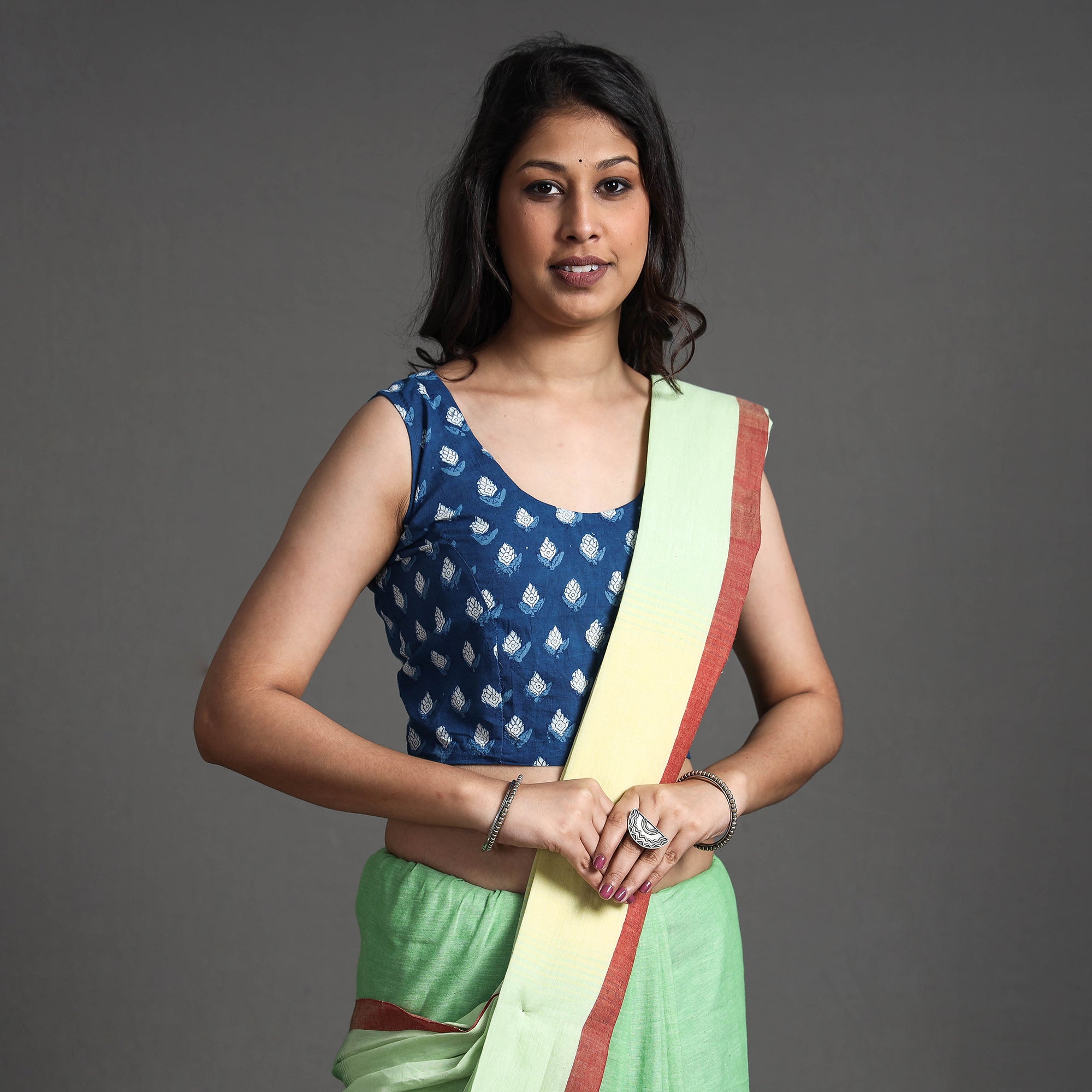 ITOKRI CASUALS Blue - Bagru Dabu Block Printed Cotton Stitched Sleeveless Blouse