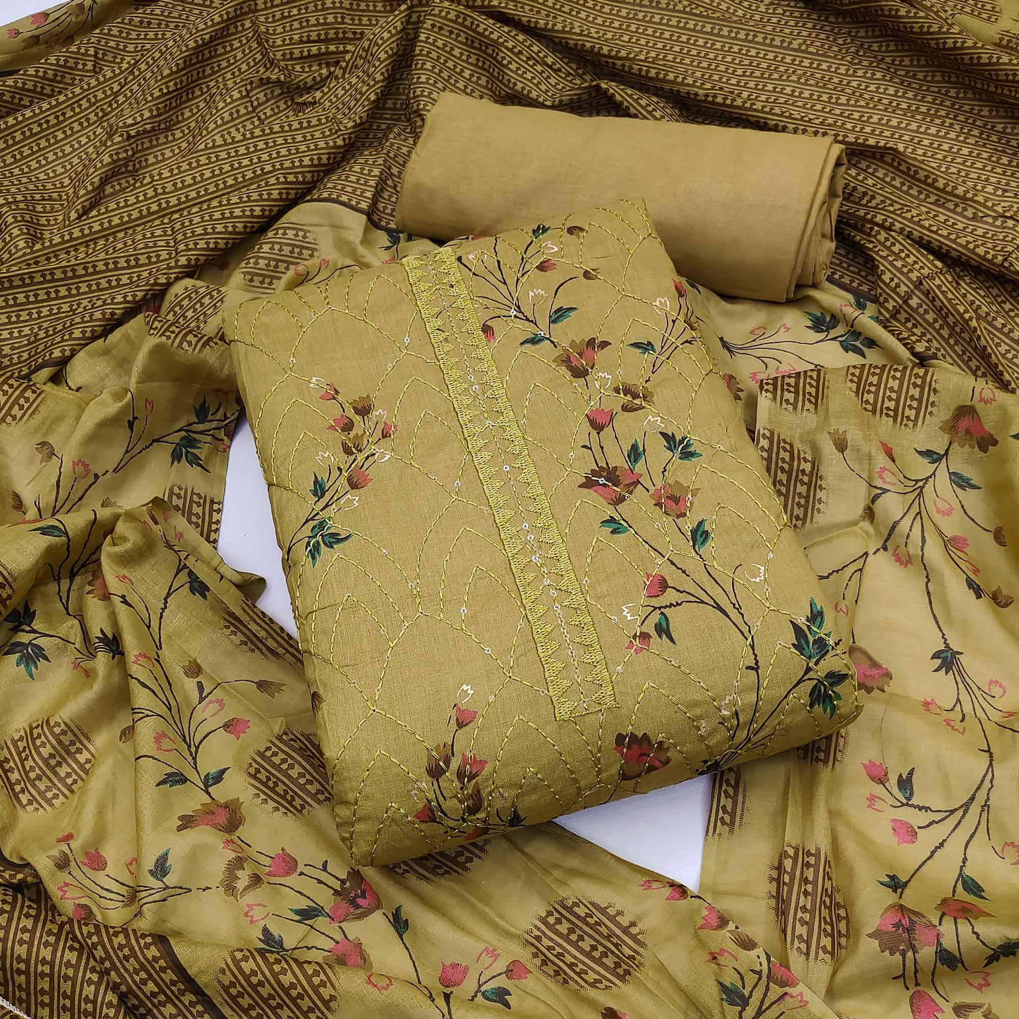 Peachmode Mehendi Green Floral Printed With Embroidered Pure Cotton Dress Material