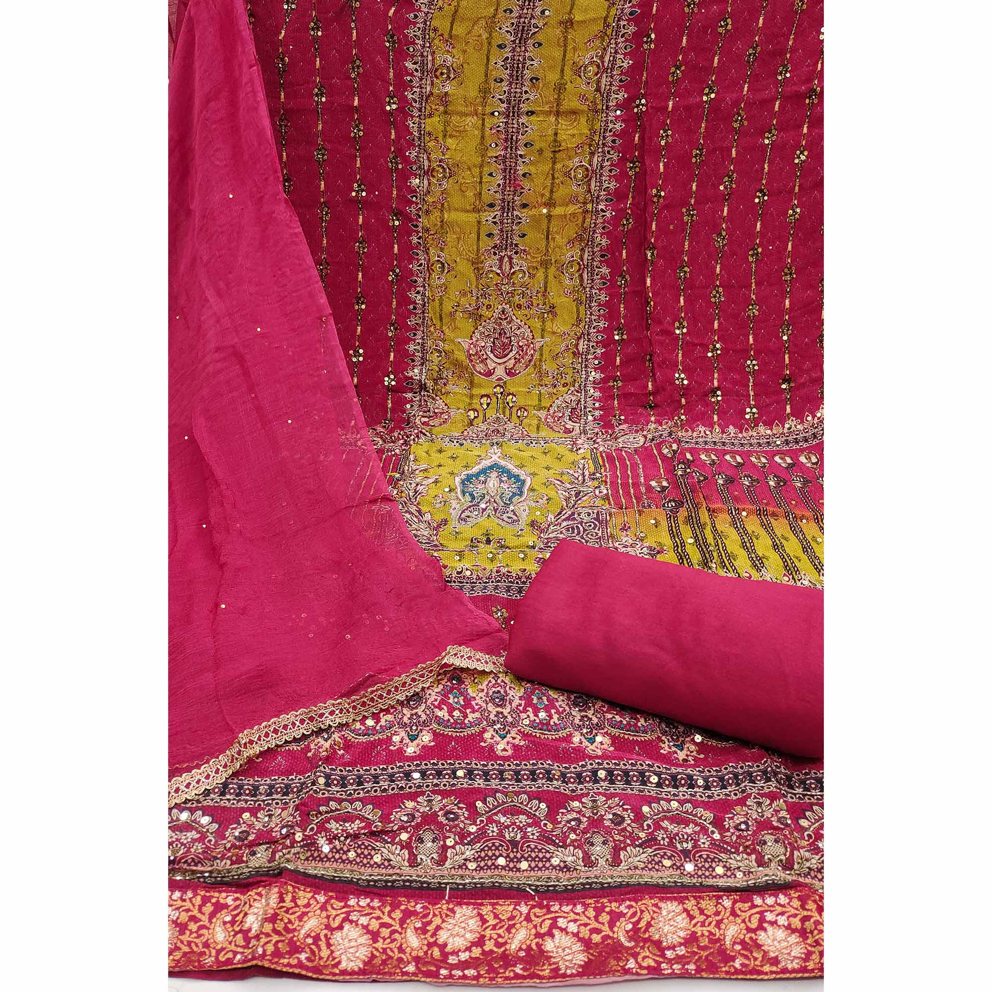 Peachmode Pink Sequins Embroidery With Printed Crepe Dress Material - view 3