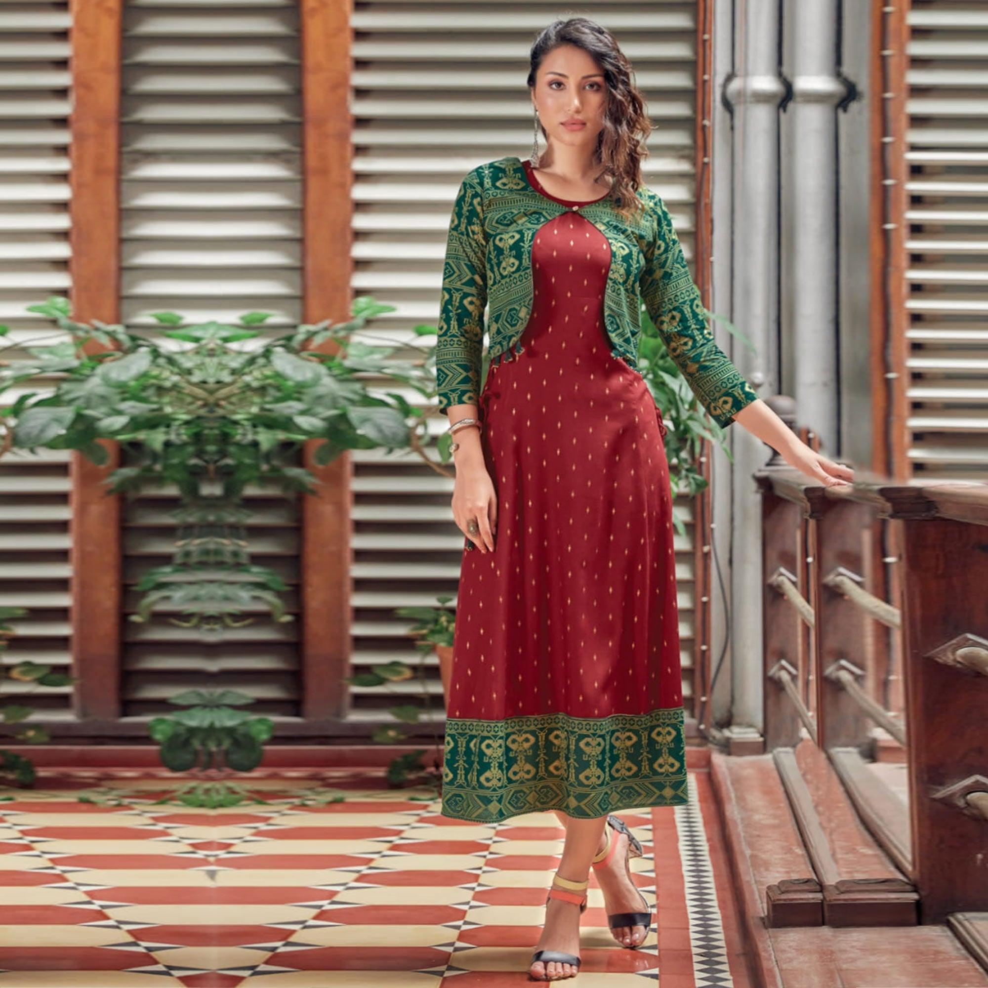 Peachmode Seller Maroon Printed Rayon Anarkali Kurti - view 2