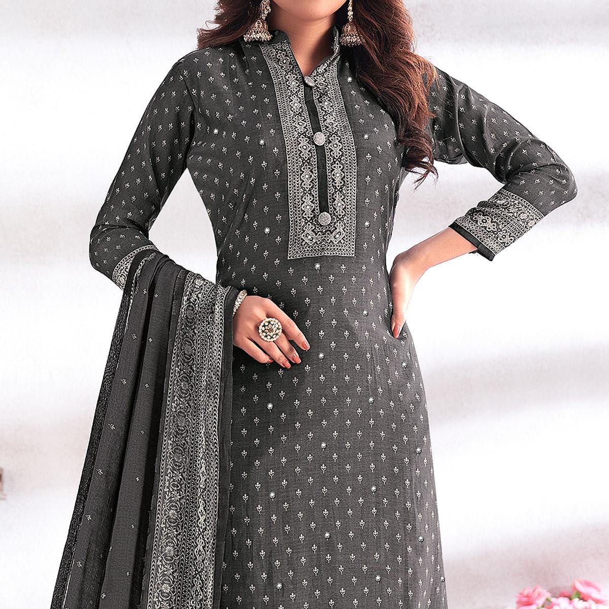 BlackTree grey-digital-printed-hand-work-cotton-silk-suit - view 4