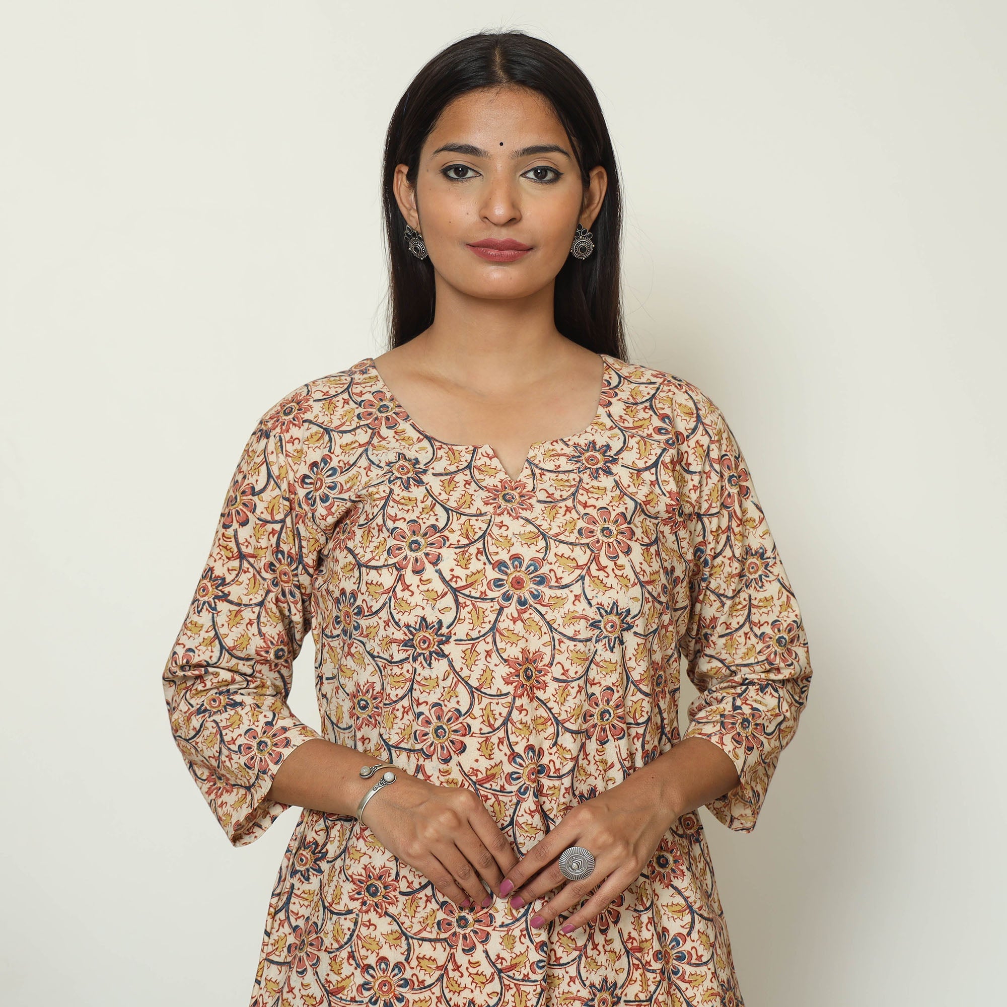 ITOKRI CASUALS Beige - Pedana Kalamkari Hand Block Printed Cotton A-Line Kurta 07