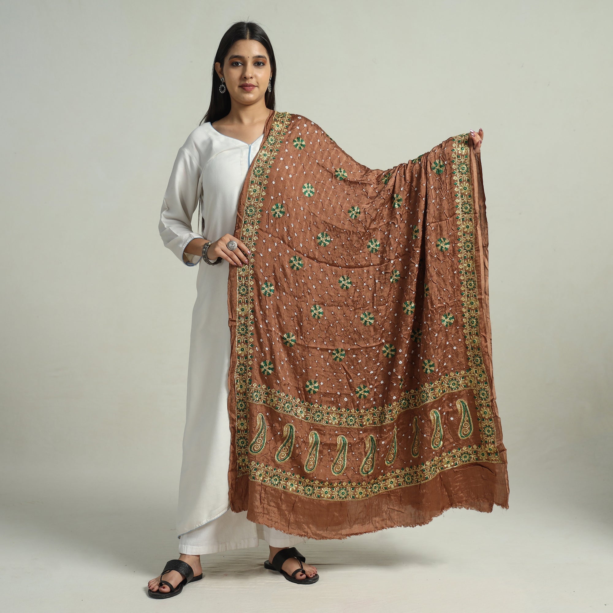 KACHCHH JI CHHAAP Brown - Kutch Bandhani Tie-Dye Modal Silk Zari Work Dupatta 63