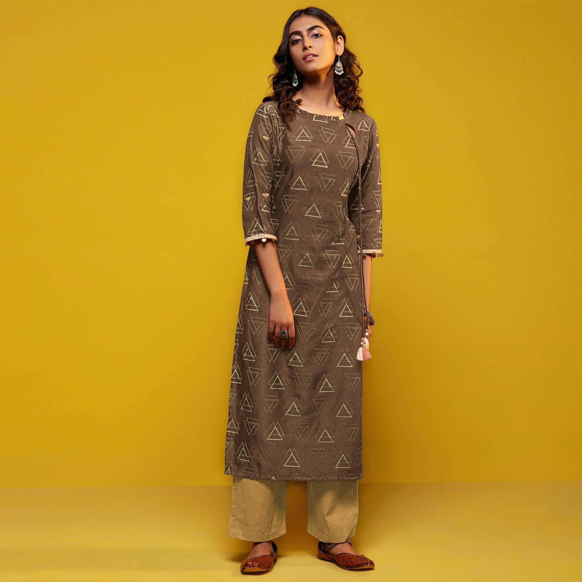 Peachmode Flattering Brown Colored Casual Printed Cotton Silk Kurti-Bottom Set