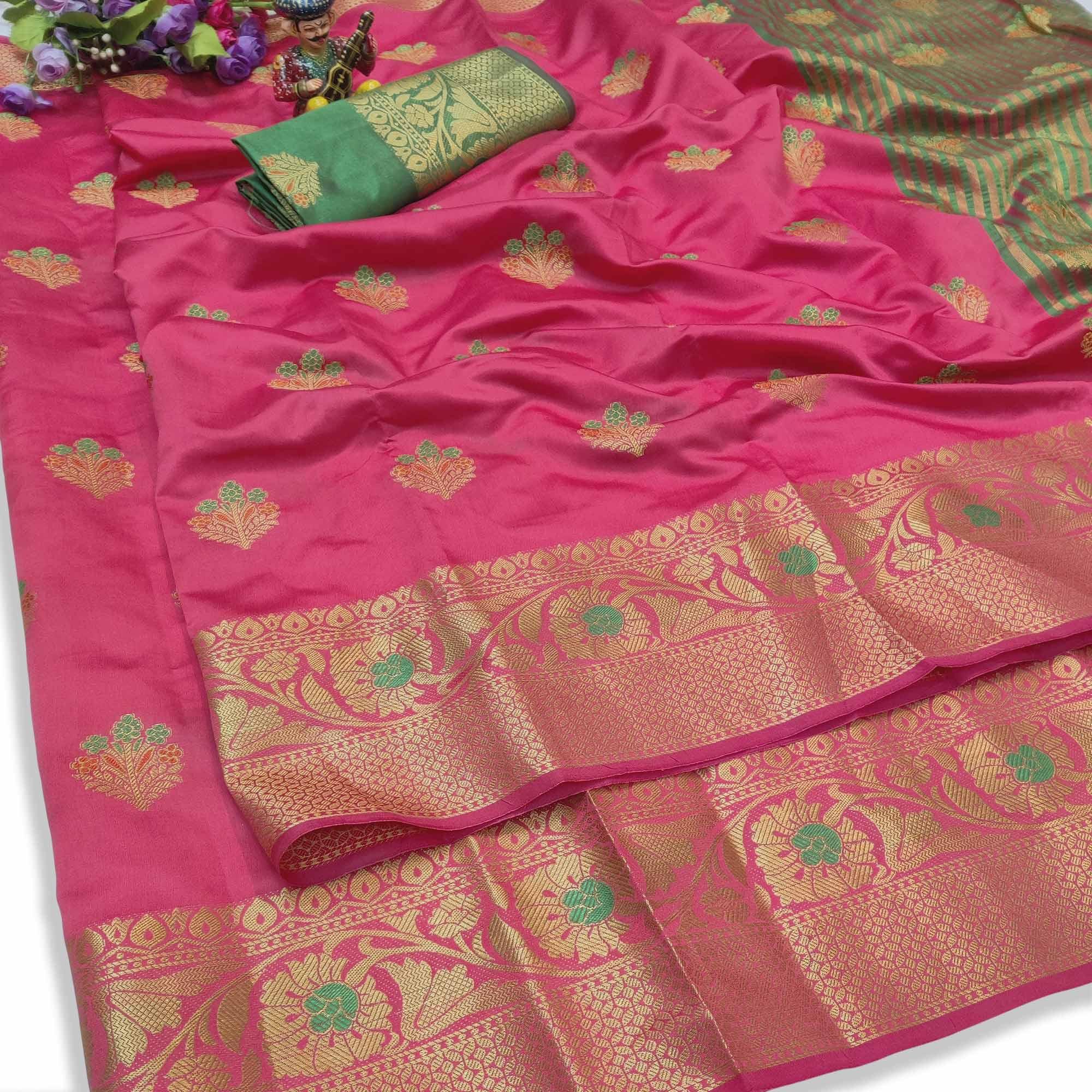 Peachmode Elegant Pink Colored Festive Wear Woven Lichi Silk Saree