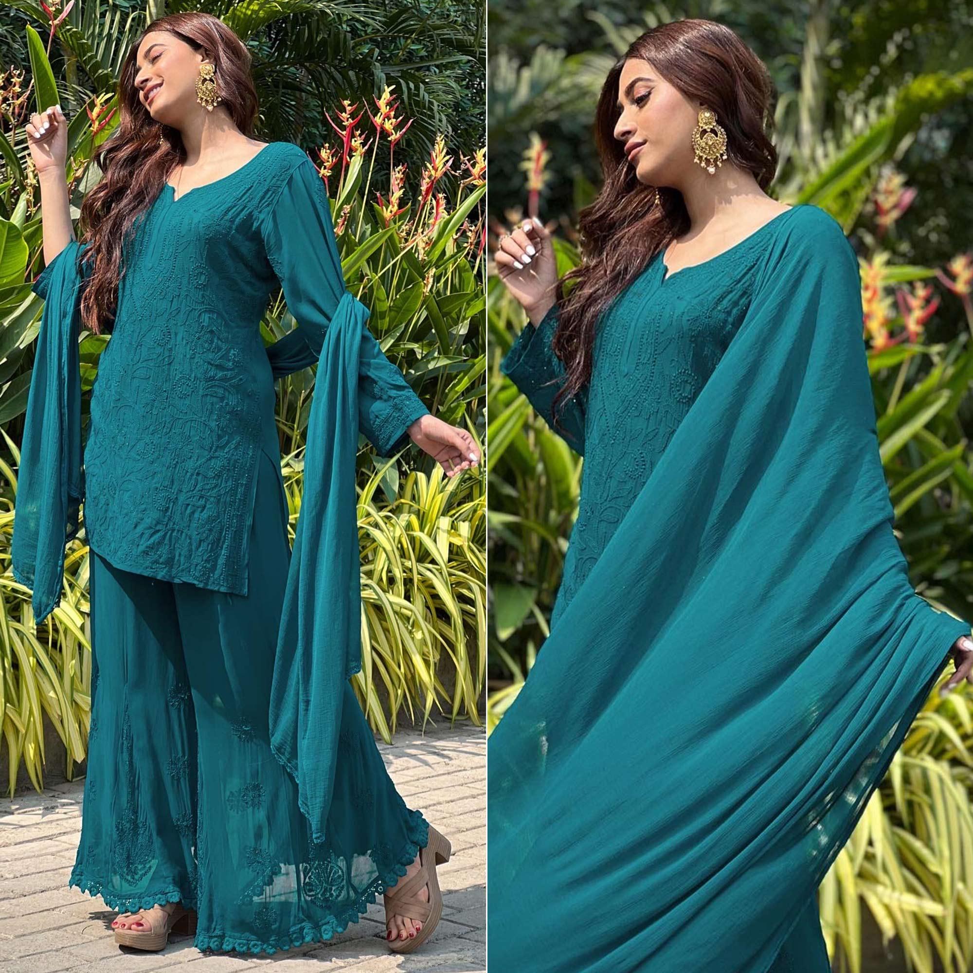 Green suits – BlackTree green-floral-lucknowi-embroidered-georgette-sharara-suit