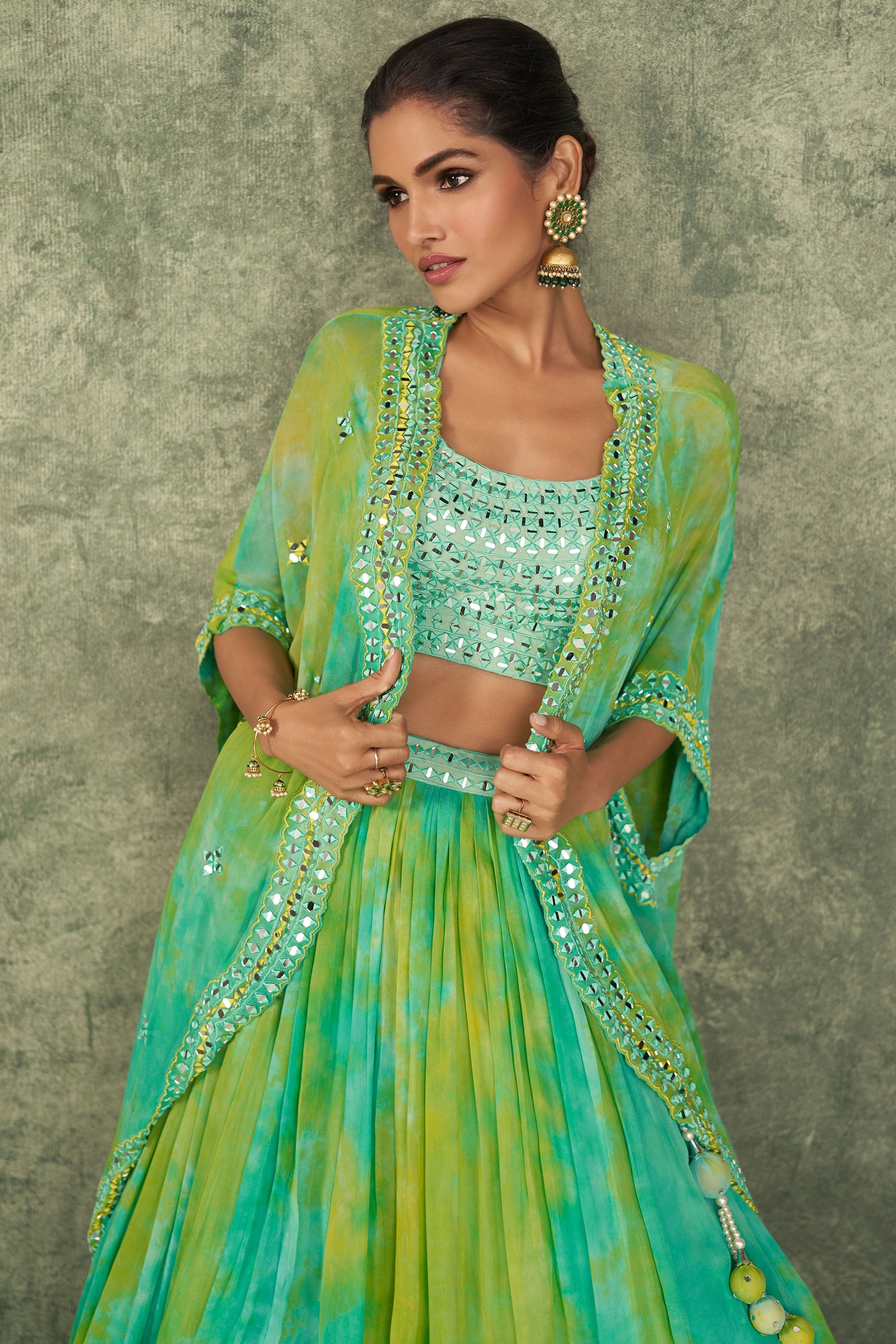 JaipurFabric® Mint Green Silk Embroidery Mirror Crop Top With Tie Dye Skirt And Cape - view 2