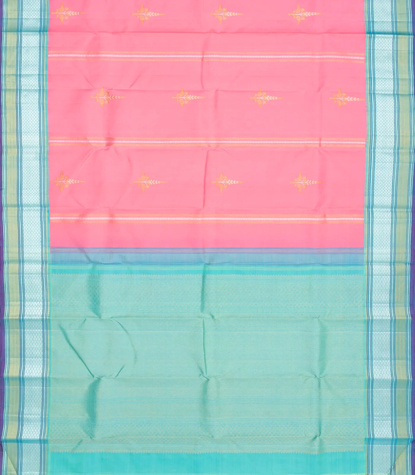 RmKV Baby Pink Handloom Kanchipuram Korvai Silk Saree With Floral Butta & Turquoise Border-Baby Pink - view 2
