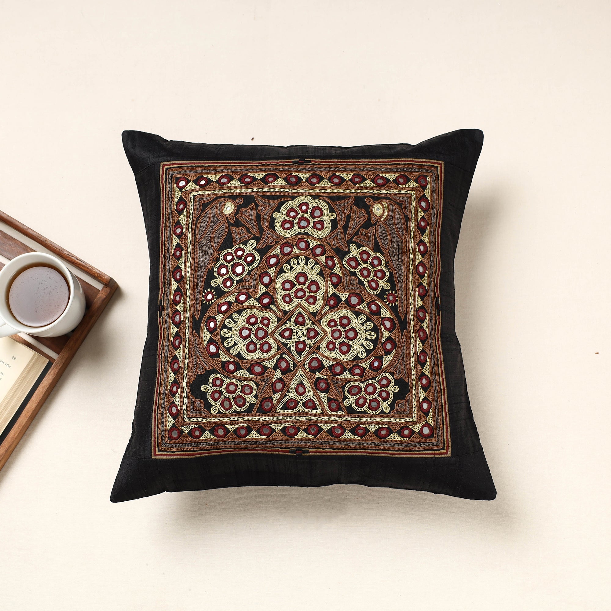QASAB Black - Kutch Ahir Hand Embroidery Silk Cushion Cover (16 x 16 in)